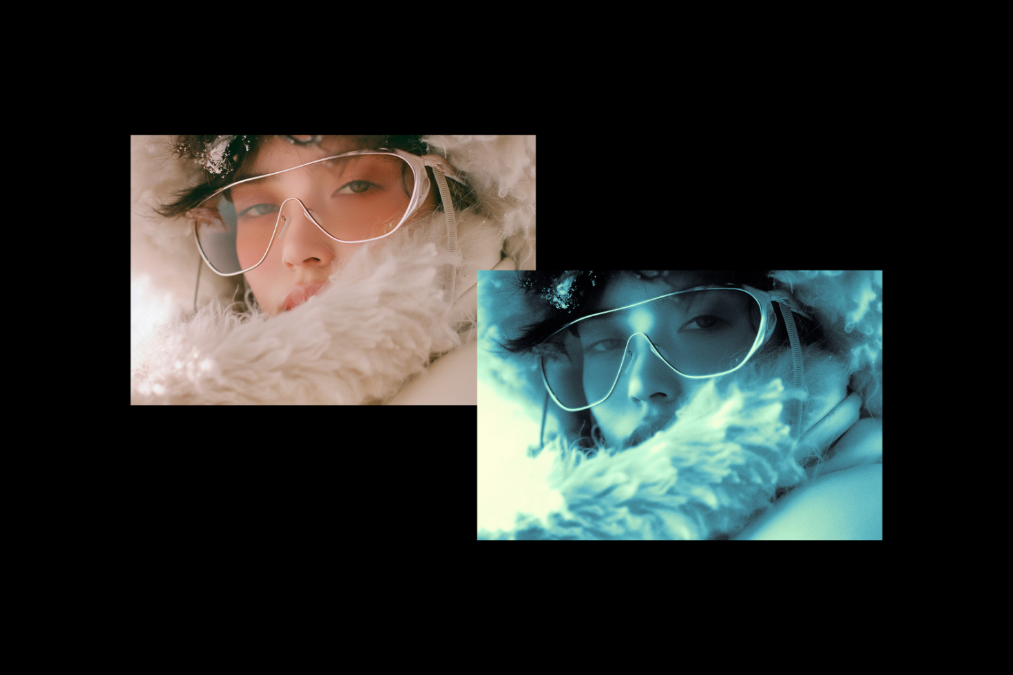 Double exposure mockup featuring a winter-themed, close-up portrait of a person wearing goggles and fur, showcasing distinct color grading for design templates.