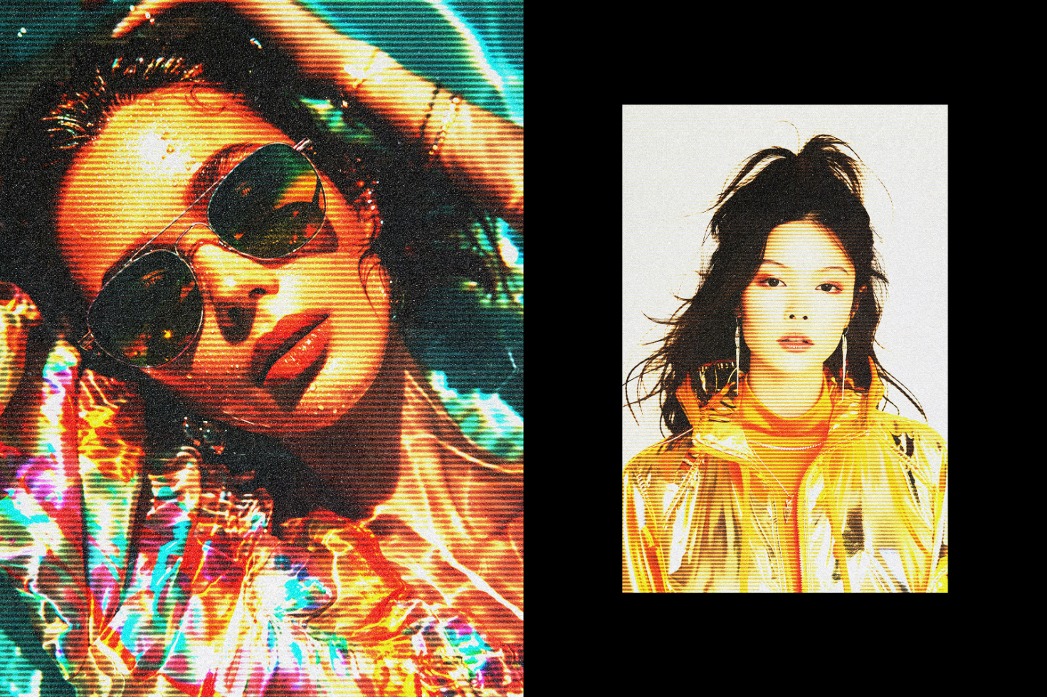 Two vibrant portrait images of women with retro glitch effects suitable for designers. Ideal for digital assets, mockups, graphics, creative templates.