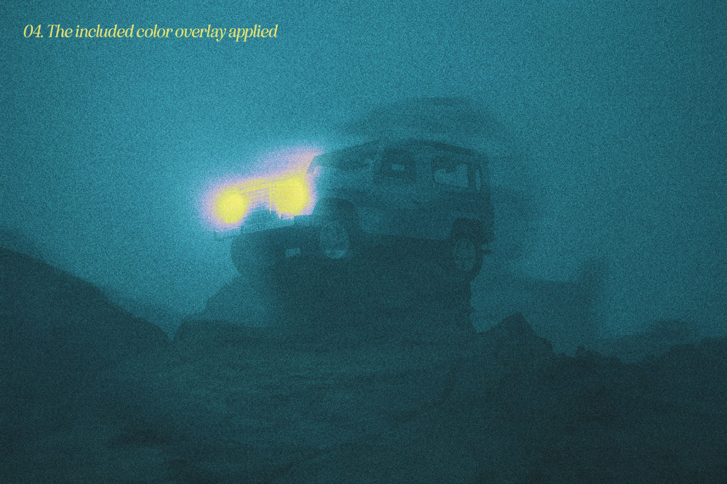 Color overlay mockup of an off-road vehicle with headlights on. Grainy texture creates a moody atmosphere. Perfect for designers seeking graphic templates.