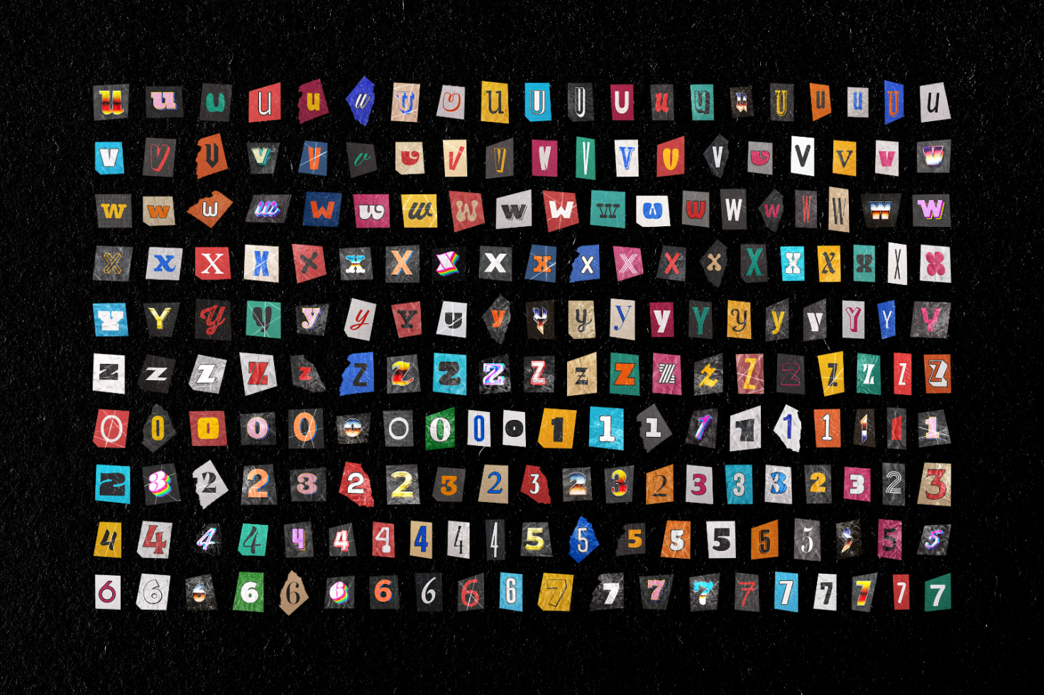 Colorful alphabet letters and numbers from different fonts on paper squares. Perfect graphic elements for typography projects, fonts design, and creative templates.