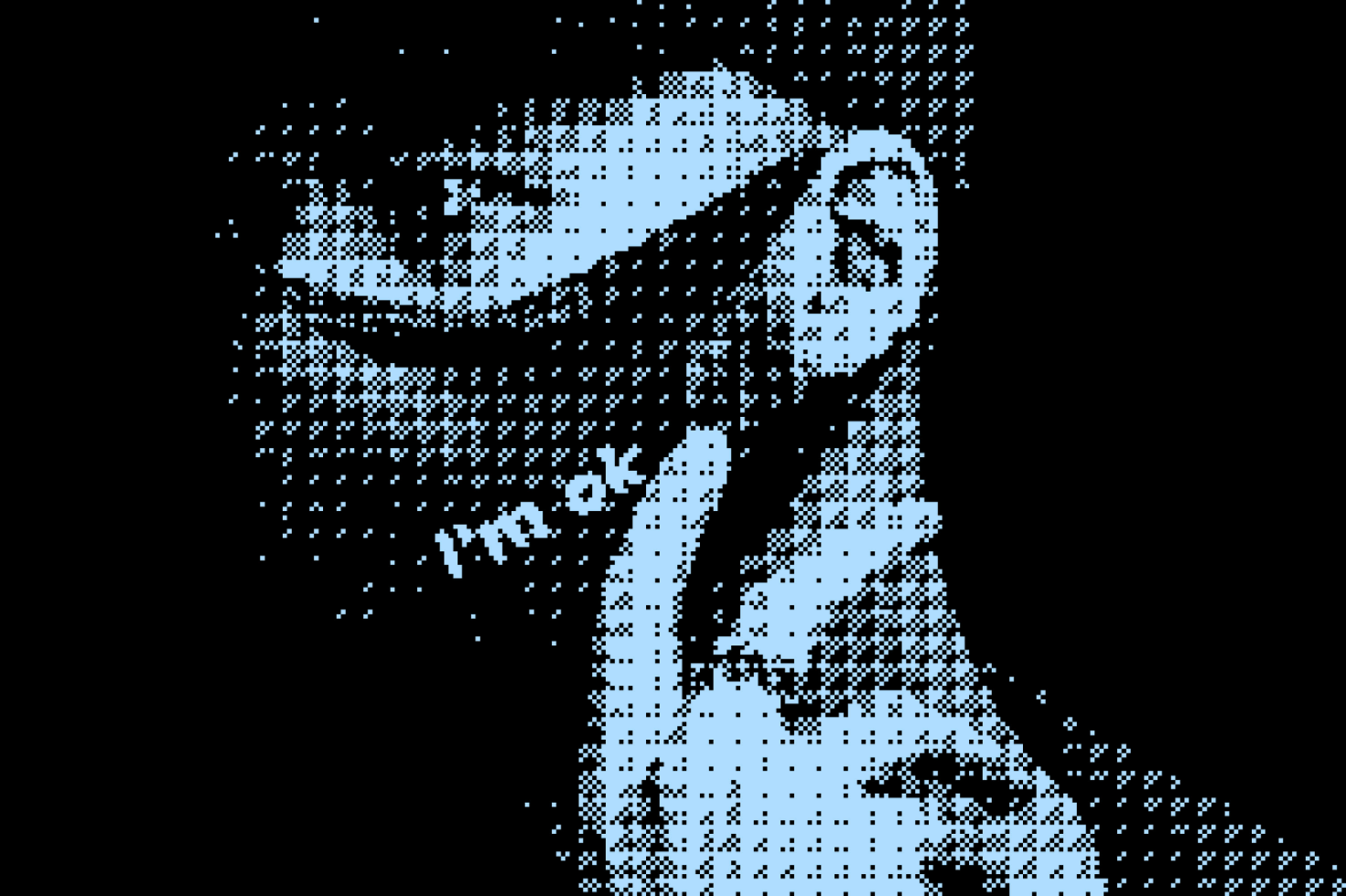 Digital halftone pixel art of a person in a mask with text I'm okay on the neck Keywords: graphics, templates, mockups, design assets, digital art