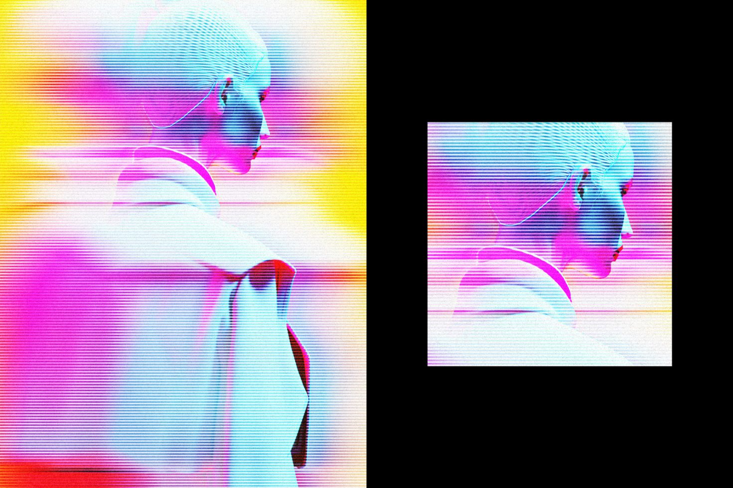 Glitch art mockup featuring a side profile of a stylized person in vibrant neon colors. Perfect for designers looking for unique digital assets or graphic templates.