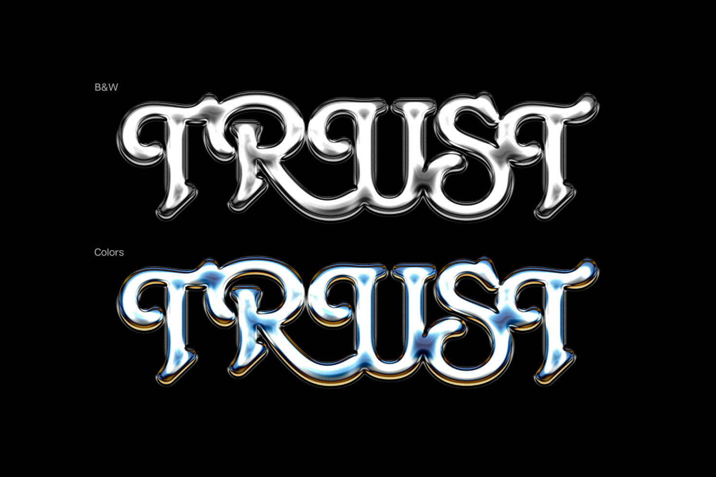 3D chrome text effect reading TRUST in black and white and color options. Perfect for designers seeking unique graphics and typography templates.