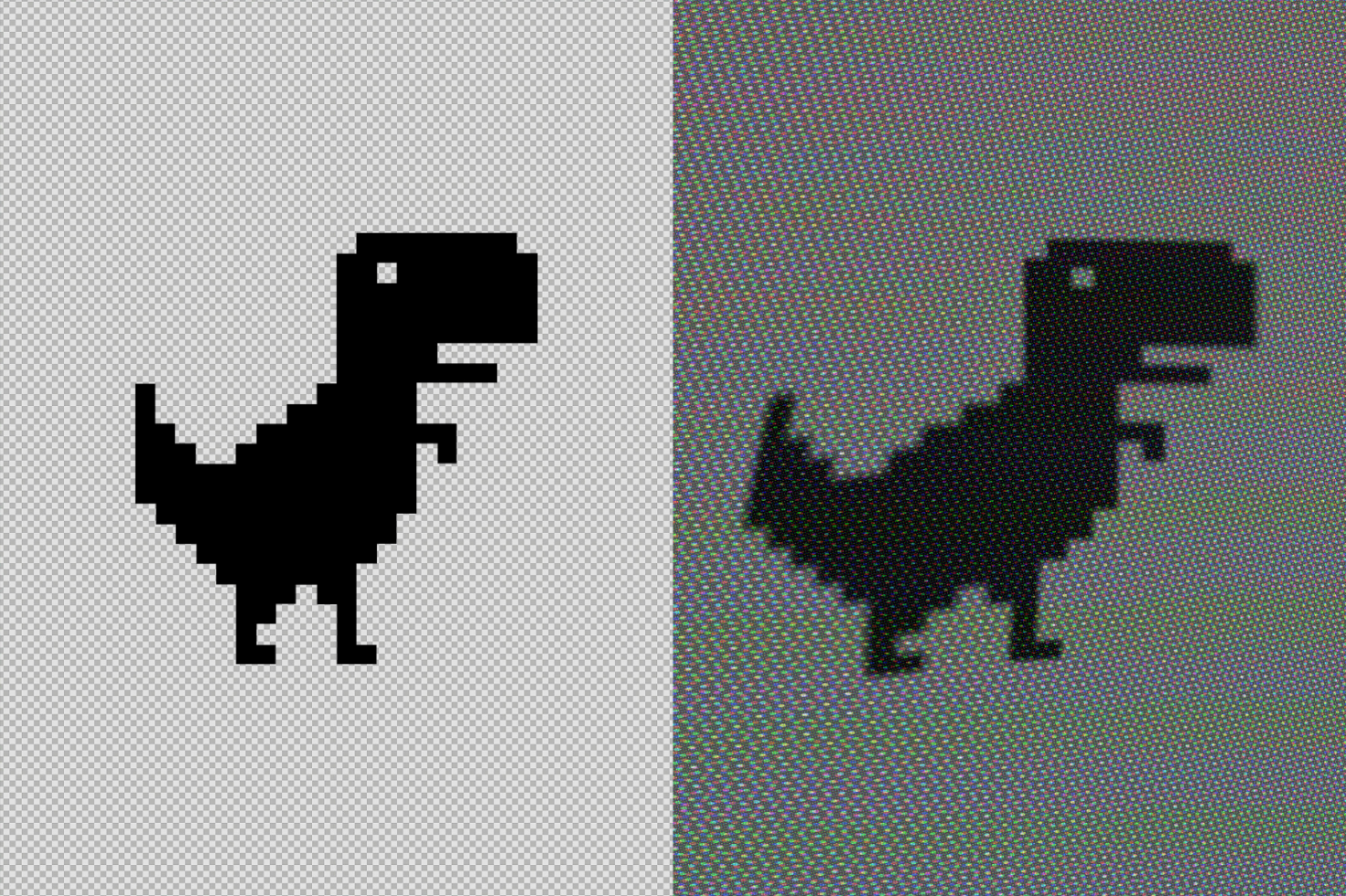 Pixel art dinosaur icon in black seen on a split background showing a computer screen effect suitable for graphics or digital assets for designers