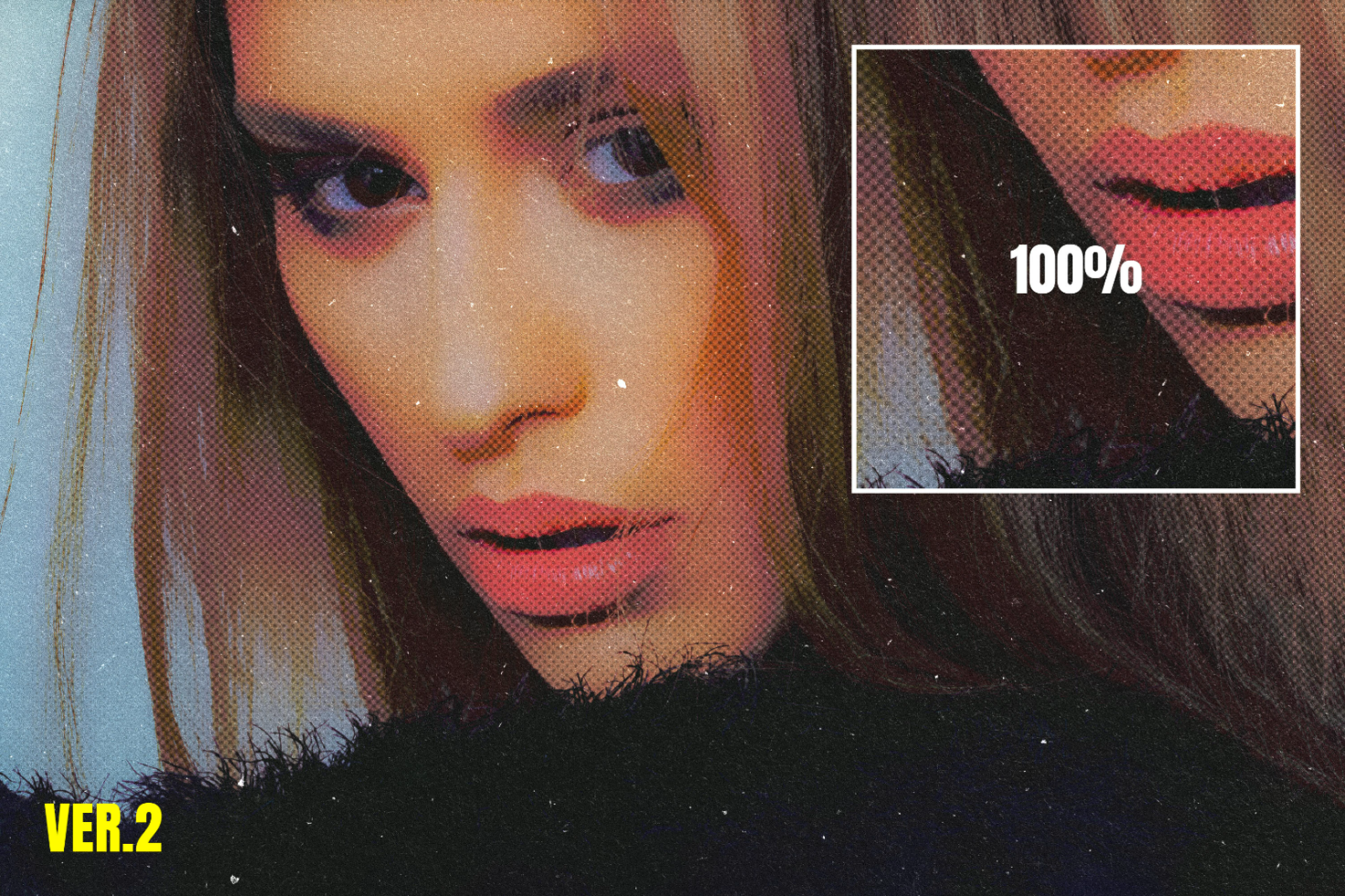 Close-up of a woman's face with halftone effect and zoomed-in view on lips. Digital art graphics asset for designers. Version 2 displayed in yellow text.