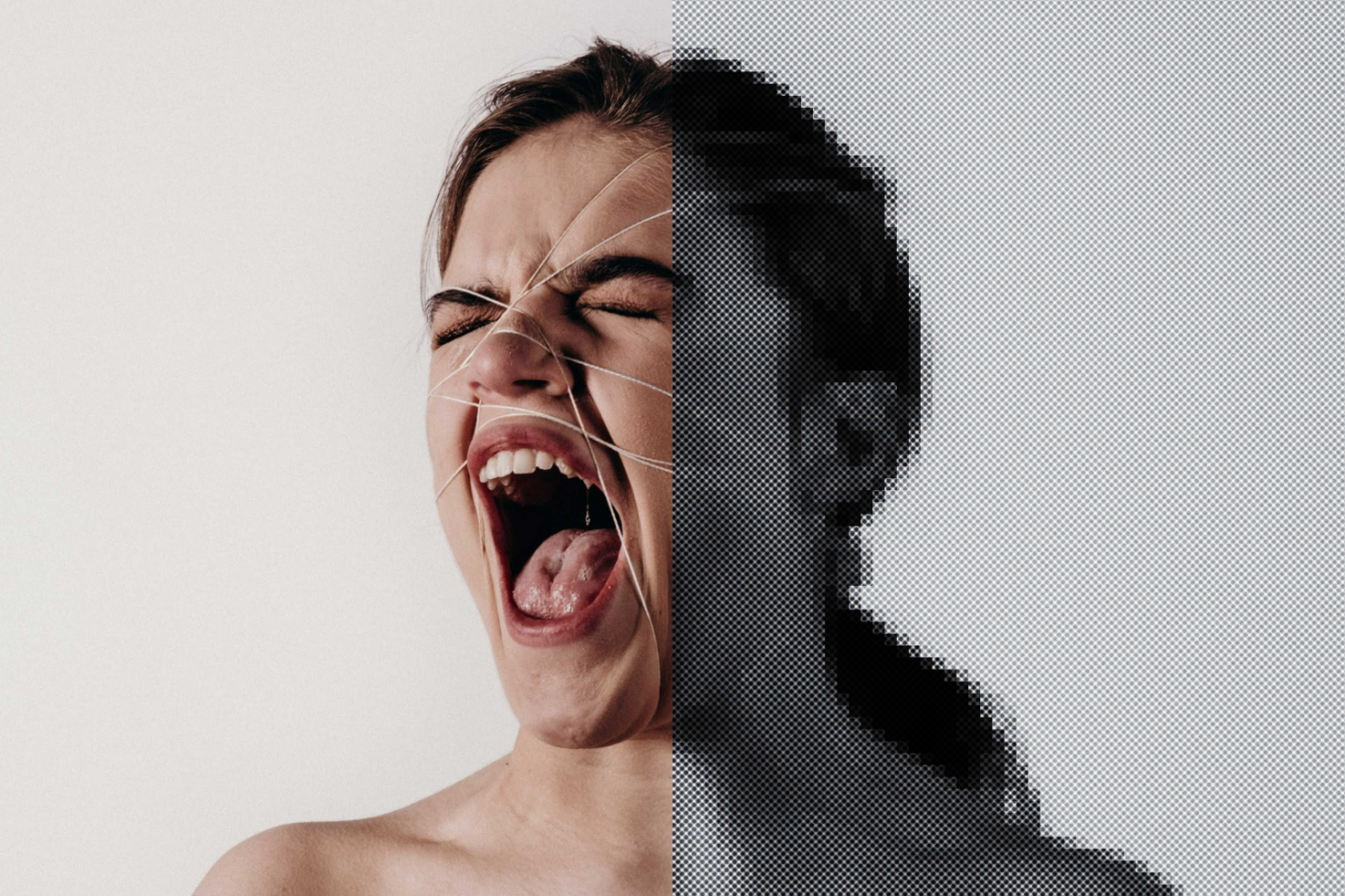 Half-tone portrait mockup with two sides: a shouting woman wrapped in strings on the left side, and a pixelated version on the right.