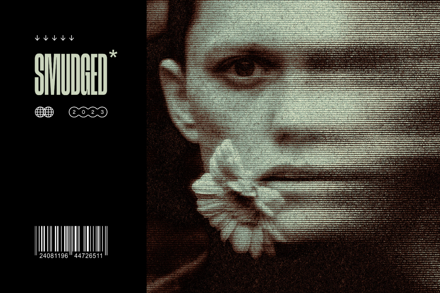 Distorted face with flower, SMUDGED 2023, barcode. Ideal for graphic design projects. Perfect for digital assets library. Keywords: mockup, template, graphic, font.