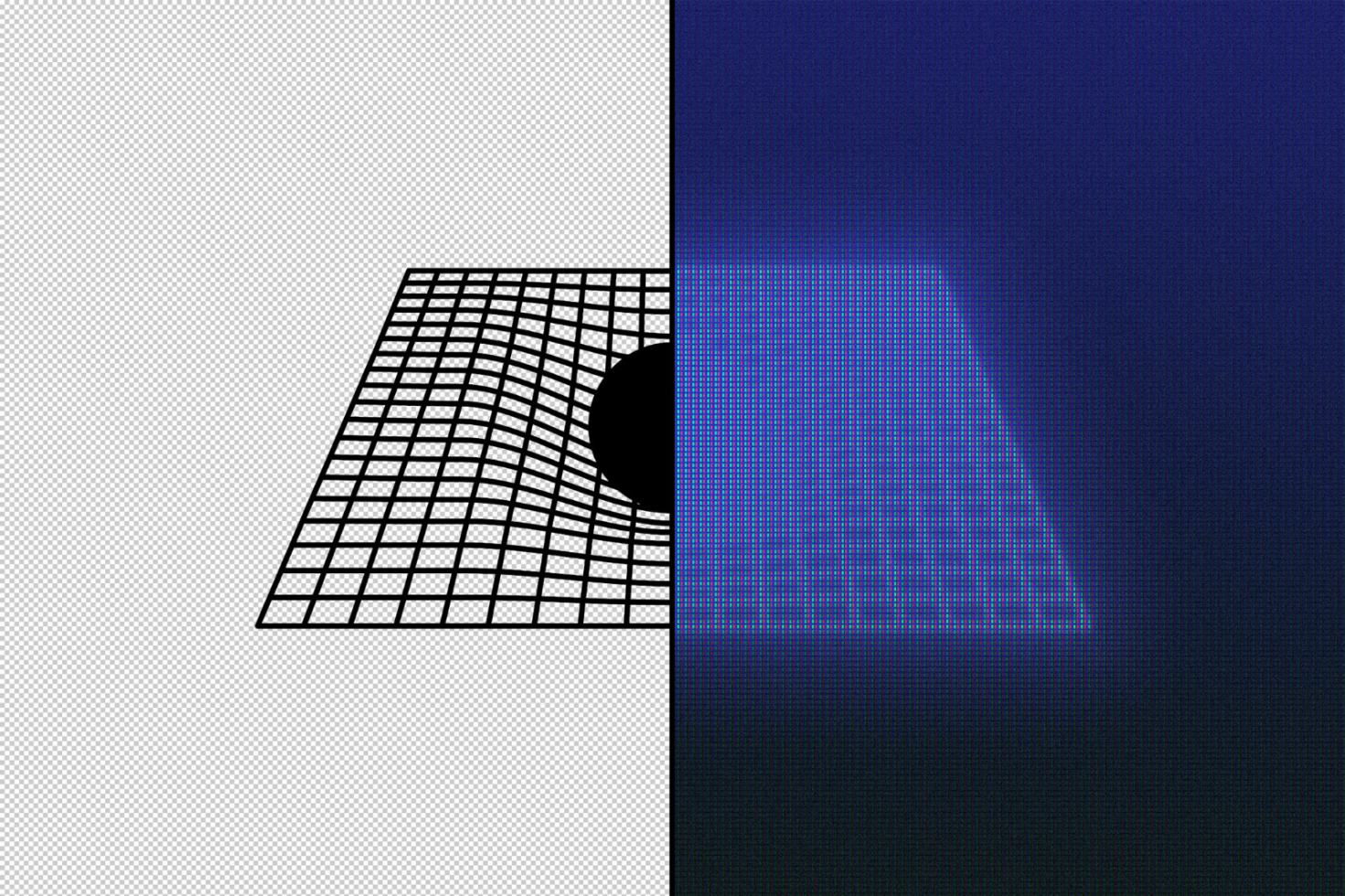 Digital graphic showcasing a black and white grid morphing into a 3D shape on a blue background. Ideal for designers searching for abstract templates.