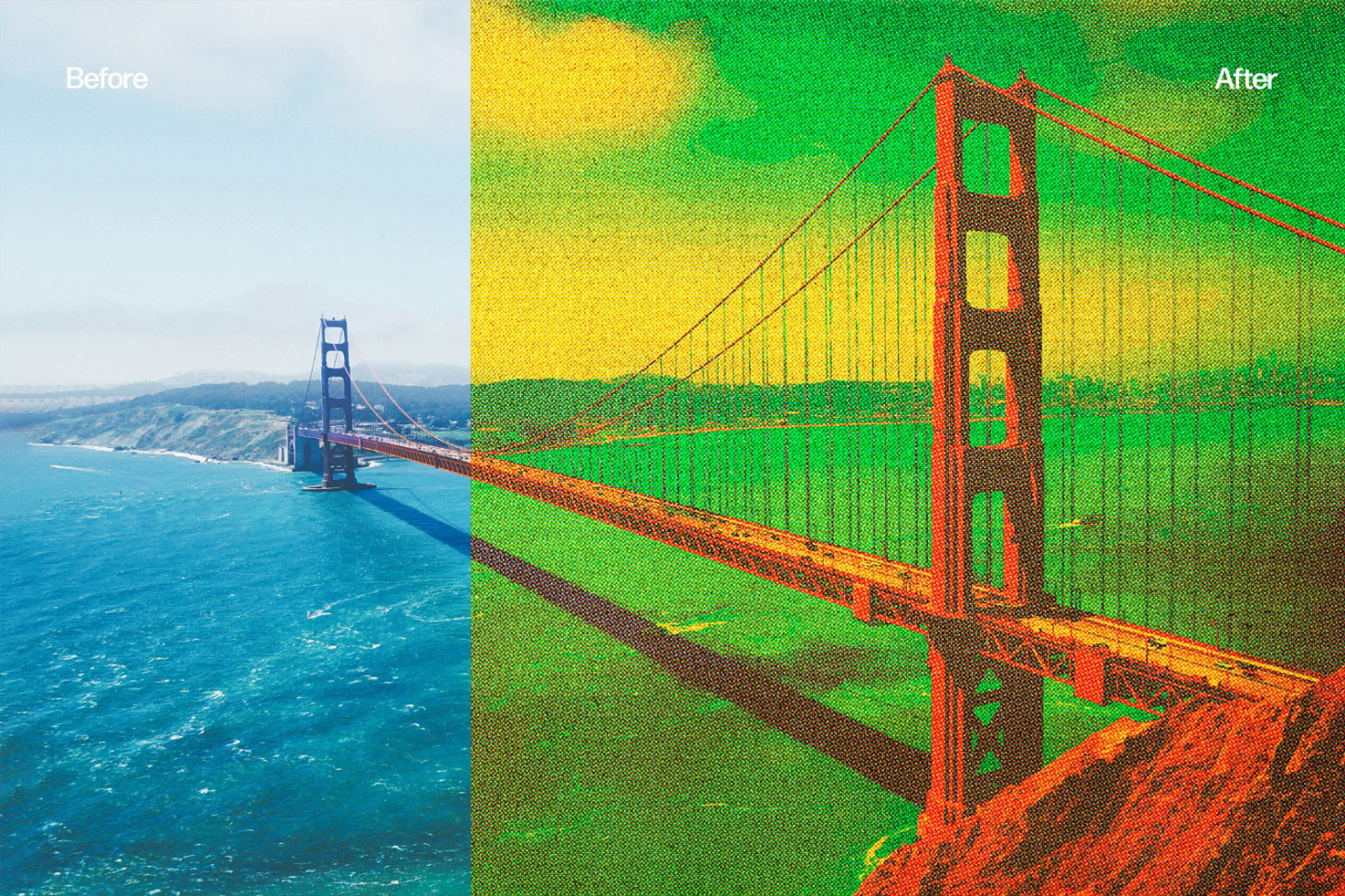 Mockup showcasing before and after photo effect on Golden Gate Bridge ideal for designers visualizing graphic transformations in templates and graphics assets