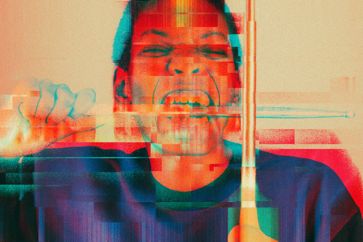 Glitch effect photo of a person yelling holding a drumstick. Colorful abstract art. Ideal for creative digital assets, graphic design, and visual art projects.