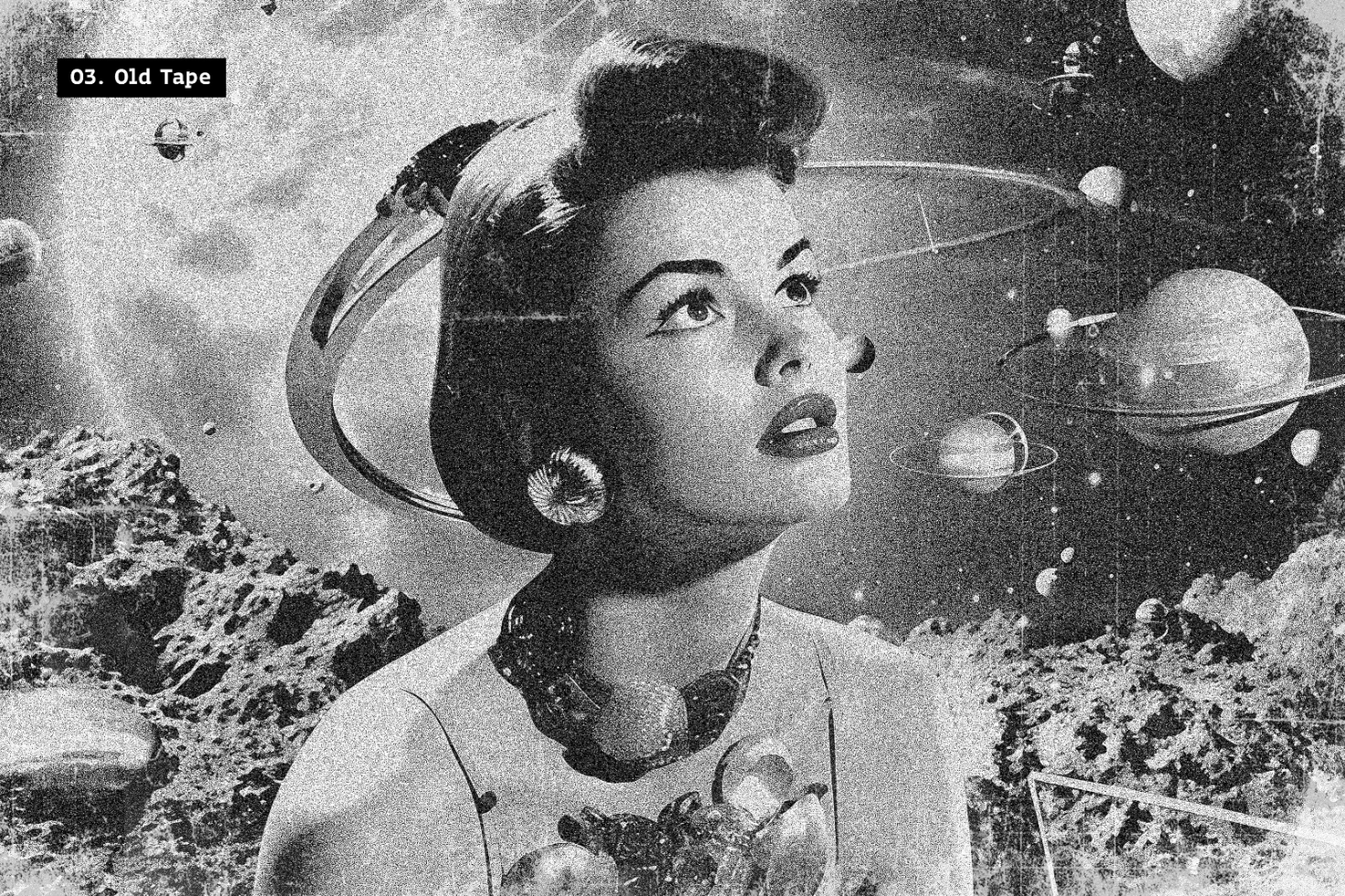 Vintage space-themed black and white graphic with retro woman, rocky asteroid, textured old tape effect, design resource, ideal for mockups and templates.