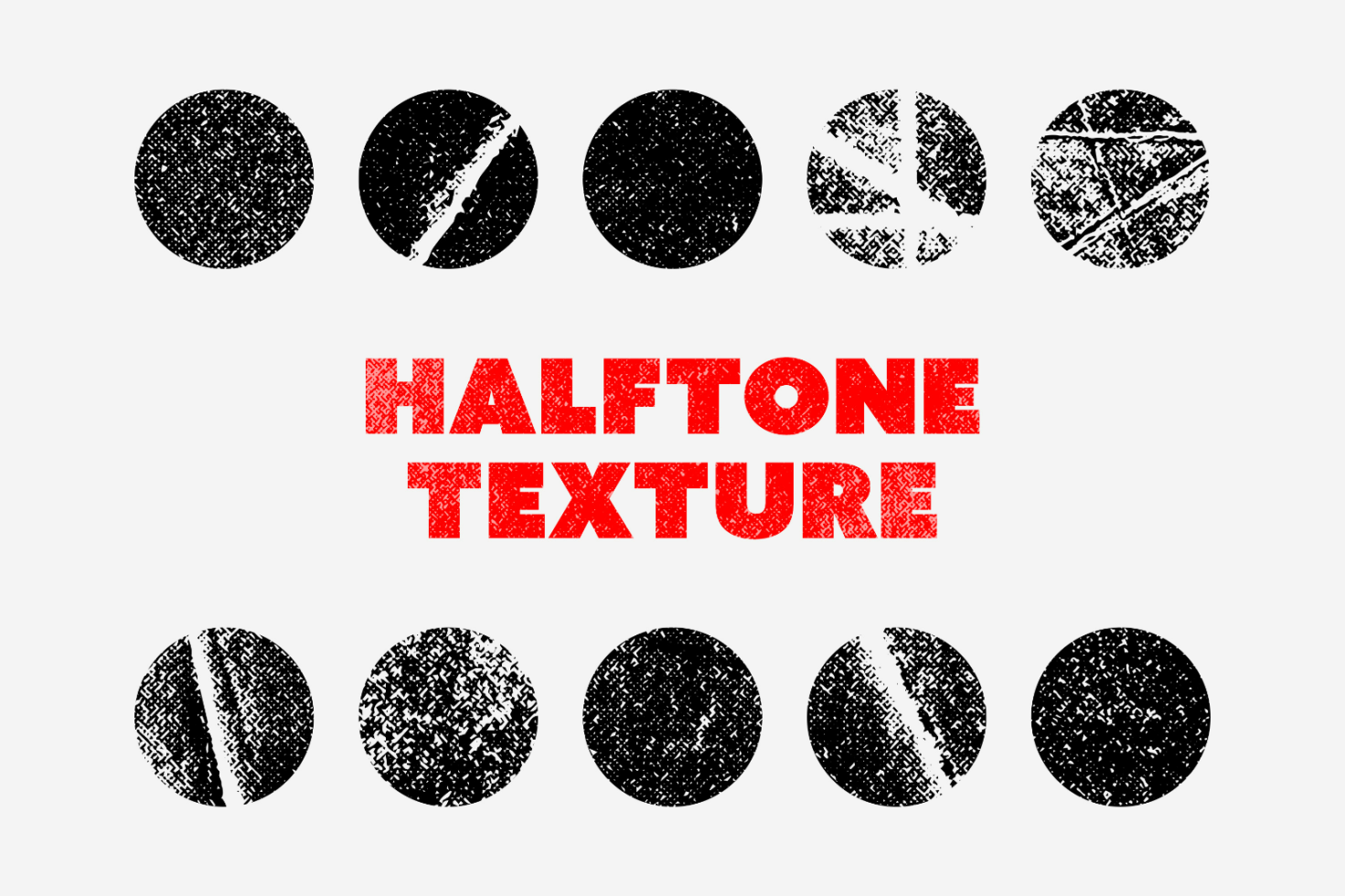 Halftone texture collection for designers featuring a set of grunge circles. Ideal for graphic design, mockups, print, and digital projects.