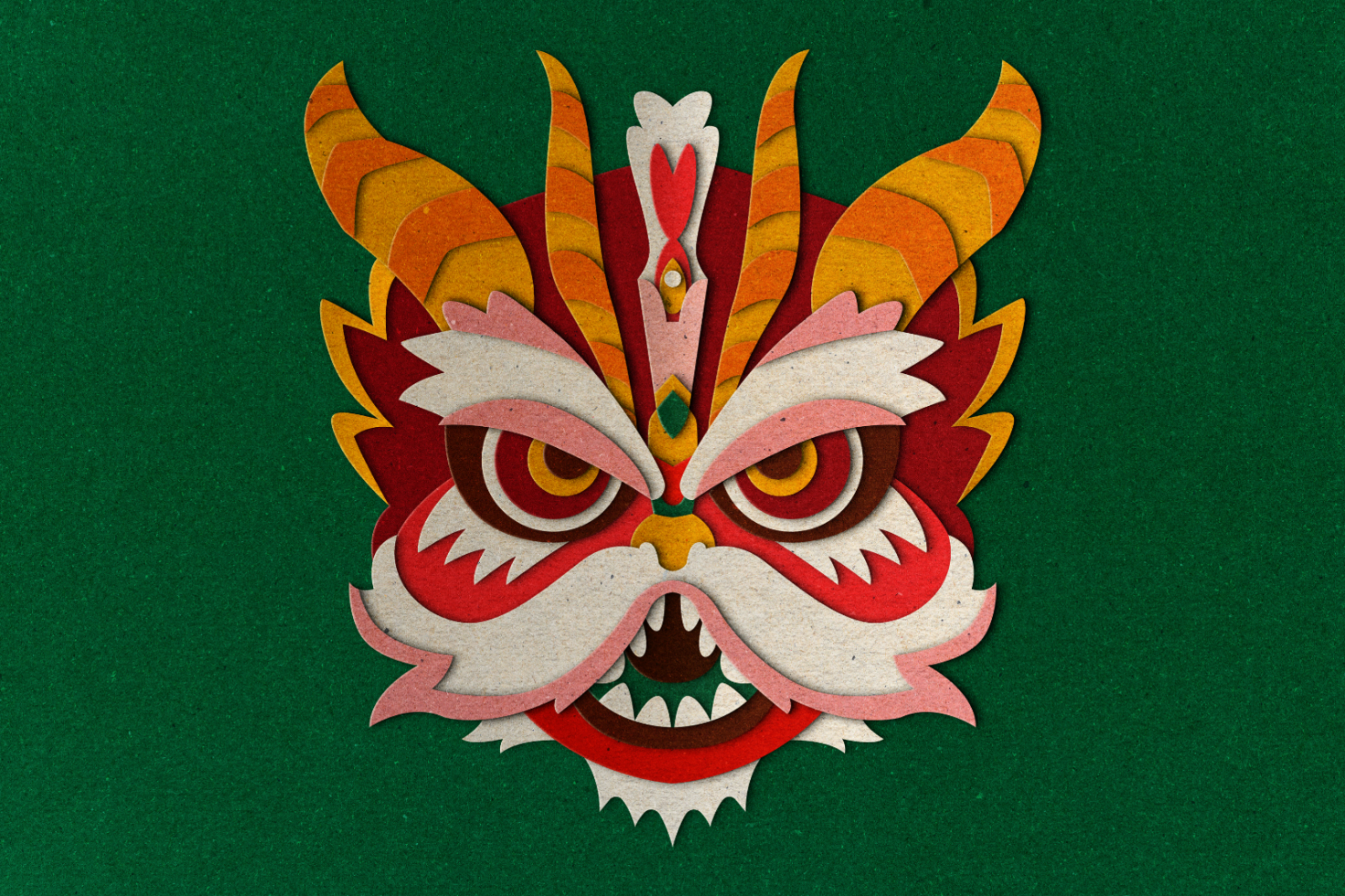 Colorful paper cut dragon mask on green background, perfect for graphics and design templates, vibrant and detailed for creative projects; digital asset for designers