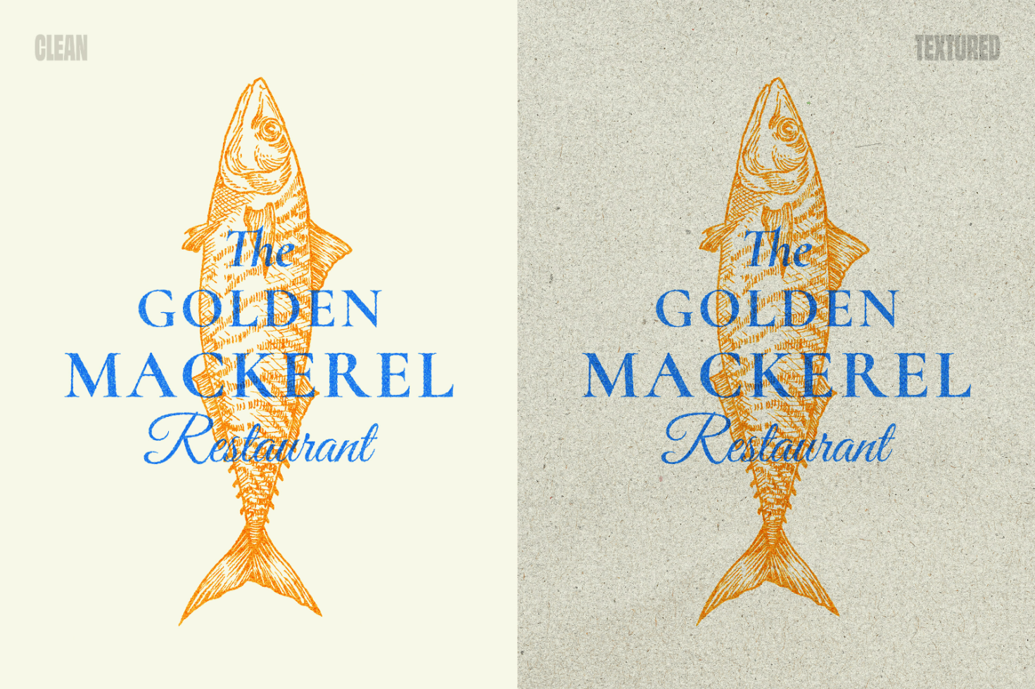 Vintage restaurant logo mockup featuring The Golden Mackerel in clean and textured styles, ideal for branding, signage and graphic design projects.