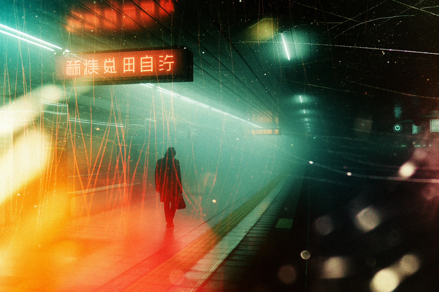 Futuristic urban subway scene with figure, motion blur and colorful lighting. Perfect for designers, digital assets, graphic design, urban templates, mockups.