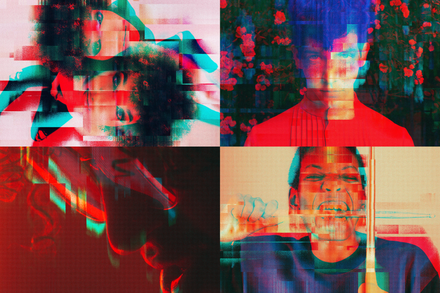 Glitch art collage with vibrant colors featuring human portraits. Ideal for digital designers seeking unique graphics for contemporary graphic design projects.