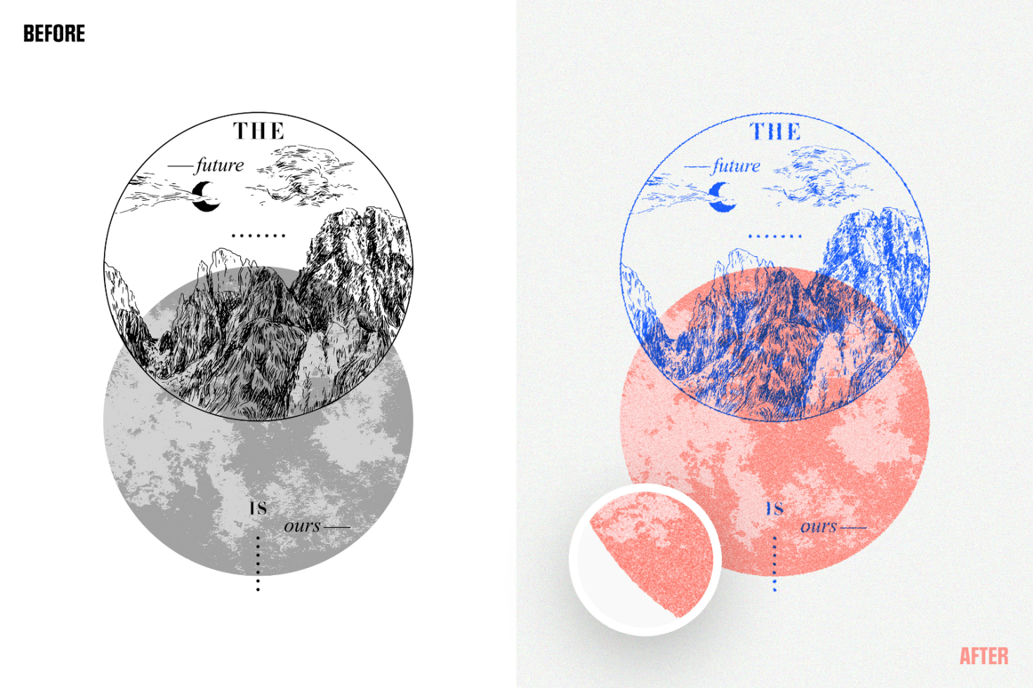 Before and after art print template showcasing mountain landscape with text the future is ours. Perfect for designers, mockups, digital graphics, templates.