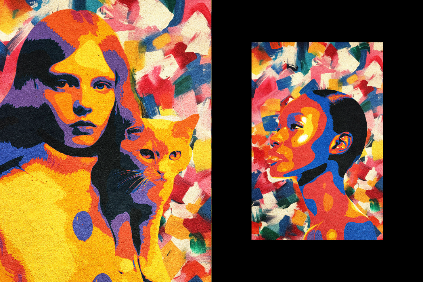 Colorful pop art portrait illustrations, one with a woman and cat, the other a profile of a woman, graphic digital assets for designers template marketplace