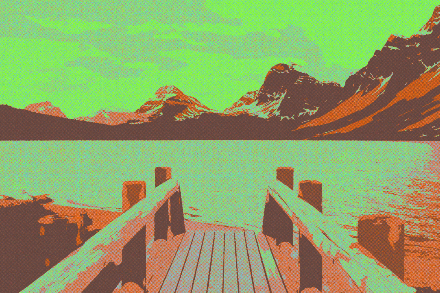 Pixel art illustration of a dock by a lake with mountains in the background vibrant colors design elements graphic assets perfect for digital art projects.