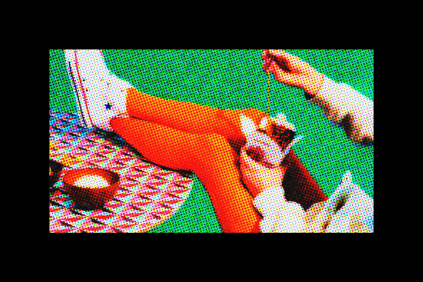 Pop art style digital graphic of a person in red pants and white sneakers feeding a small dog on a colorful blanket with a green background.