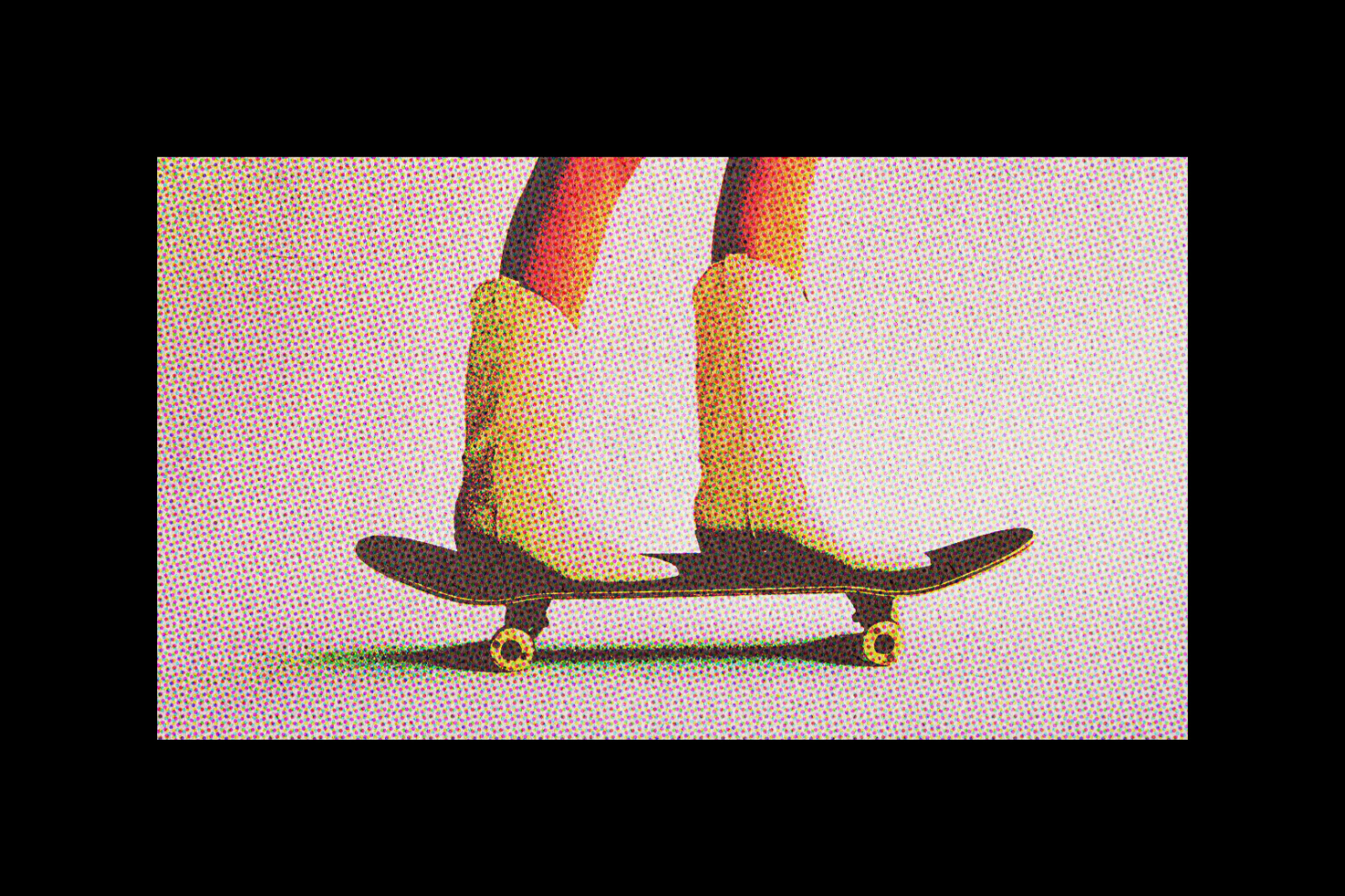 Halftone effect image of legs in white boots standing on a skateboard design asset for designers mockups skateboarding graphic design templates retro style