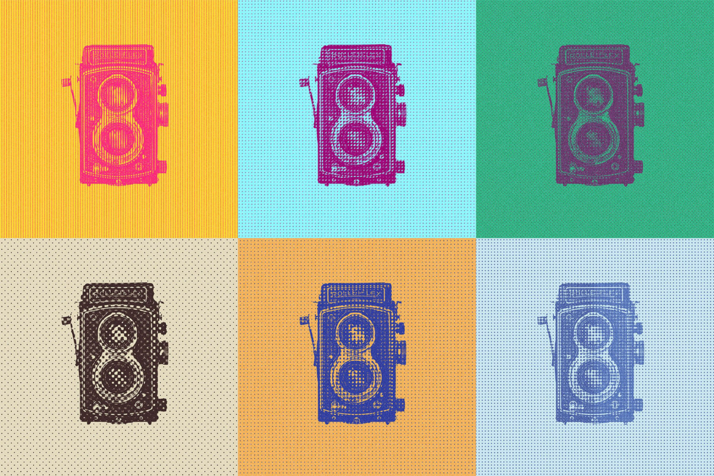 Pop art style vintage camera graphic design template in grid layout, ideal for designers, graphics, mockups, digital assets, retro art, and print projects.