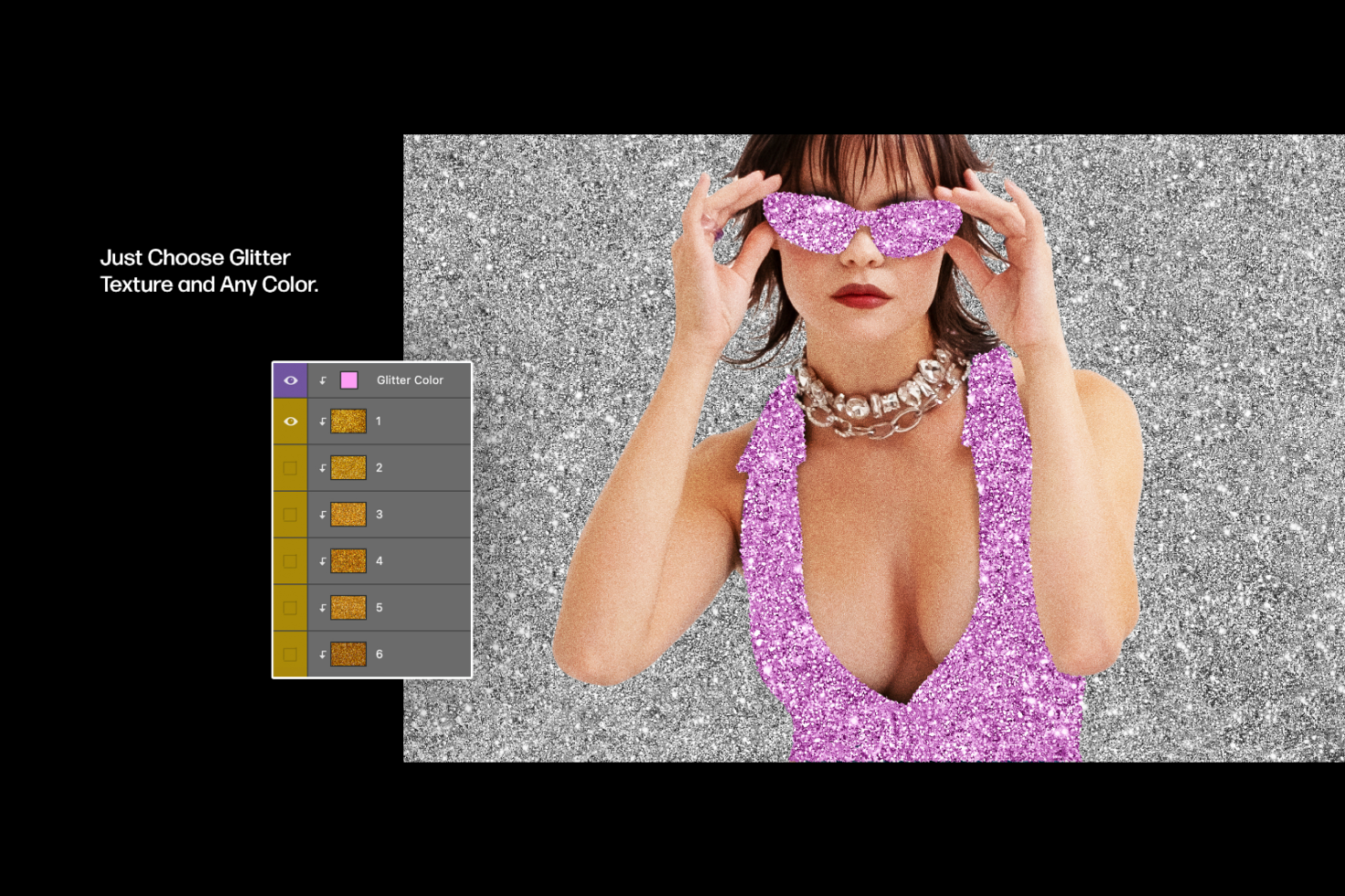 Woman wearing pink glitter dress and glasses with glitter background, showcasing glitter texture options in design software panel. Keywords: glitter, design, template.