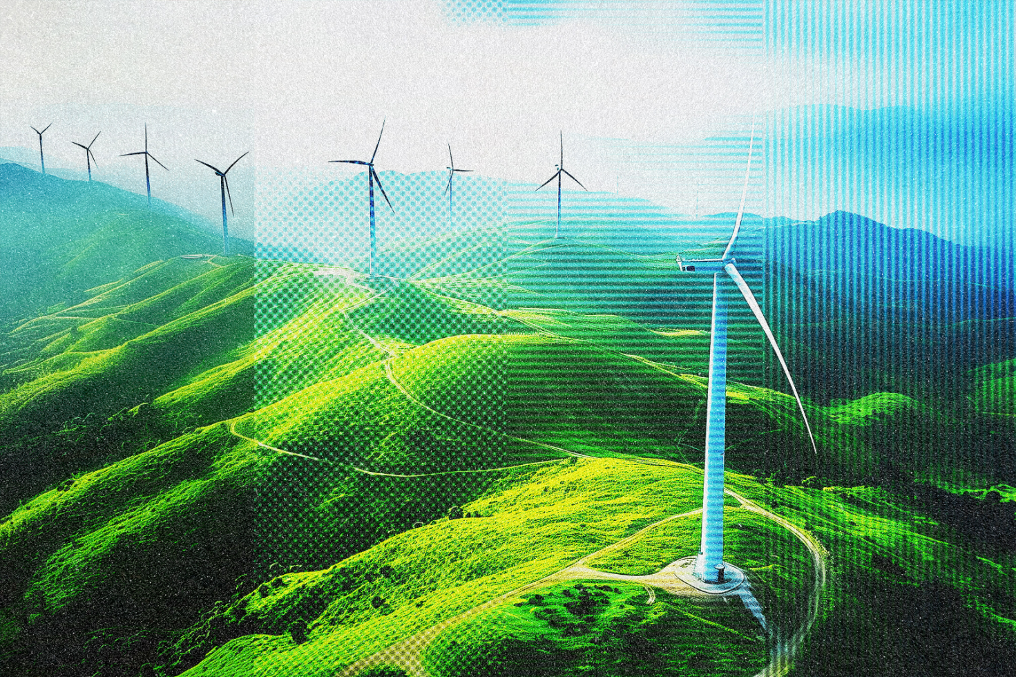 Digital graphic of wind turbines on a green hillside with vibrant colors and halftone patterns for eco-friendly design projects mockups or templates.