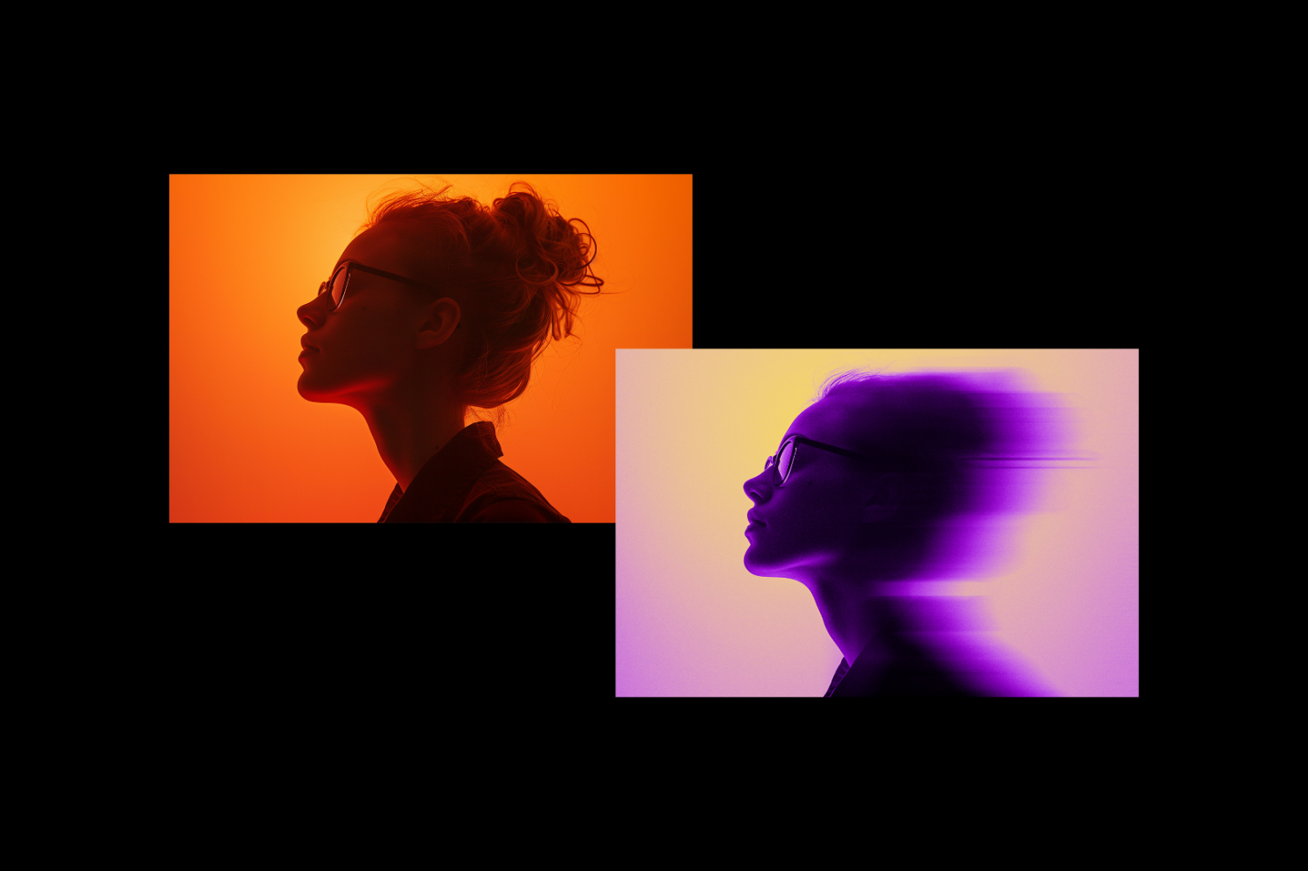 Silhouette portrait of a woman with glasses, featuring vibrant orange and purple gradients, ideal for mockup projects or graphic design assets for designers.