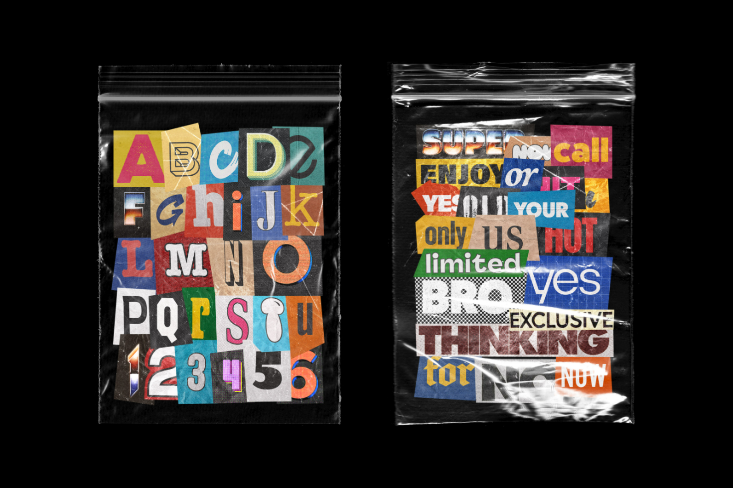 Collage alphabet typography and cut-out ransom note style words in ziplock bags vector template, digital assets for designers, graphics, mockups, fonts