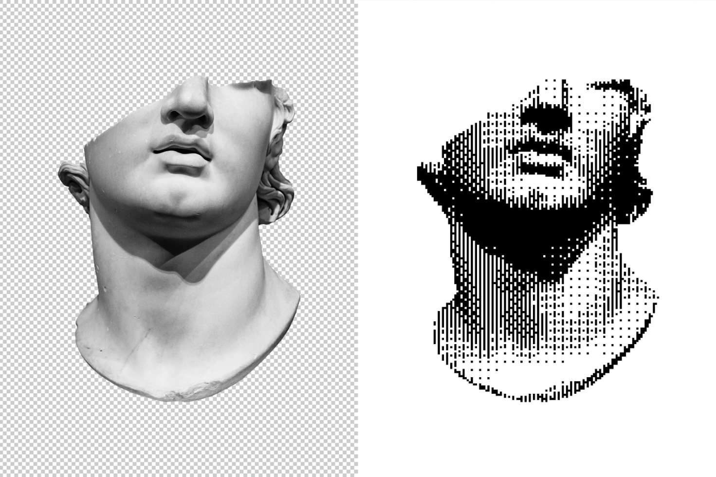 Statue head mockup left side halftone effect right side, isolated on transparent background. Ideal for designers. Keywords: mockup, graphics, art, design.