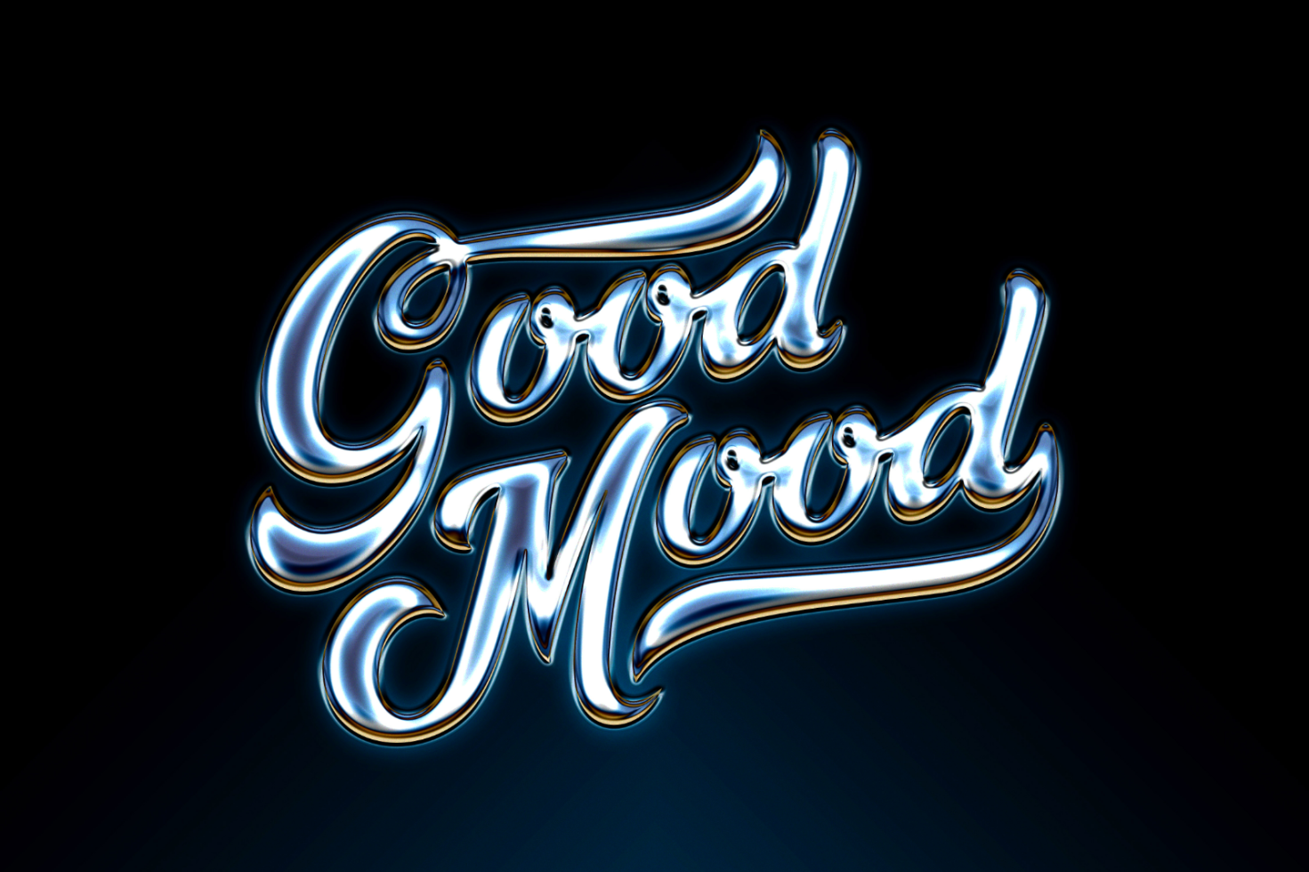 3D shiny script font saying Good Mood with metallic chrome finish against a dark background. Ideal for graphic designers' mockups templates and fonts.