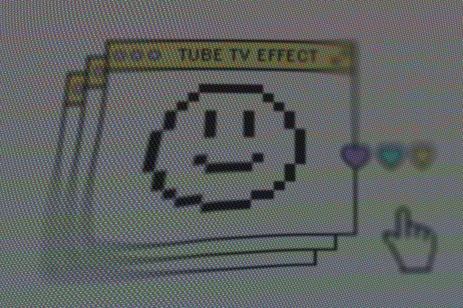 Pixelated smiley face with tube TV effect in a digital window, popular retro graphic design asset for designers on marketplaces. Categories: Graphics, Templates.