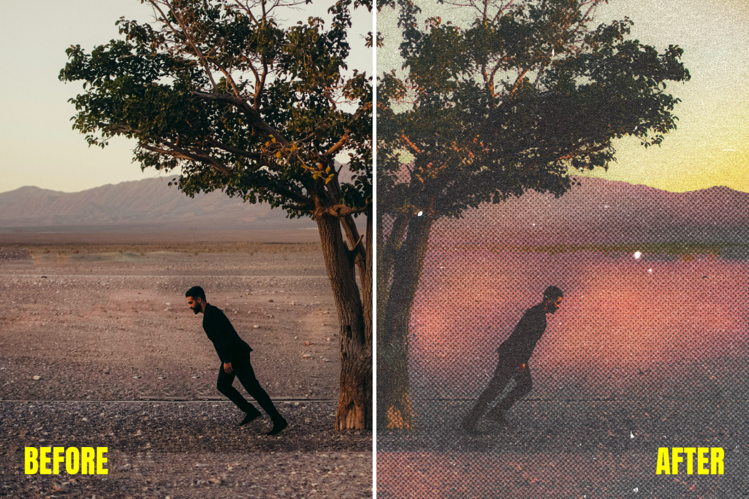 Before and after photo effect comparison showcasing a man leaning forward under a tree in a desert, filtered with digital halftone effect for designers.