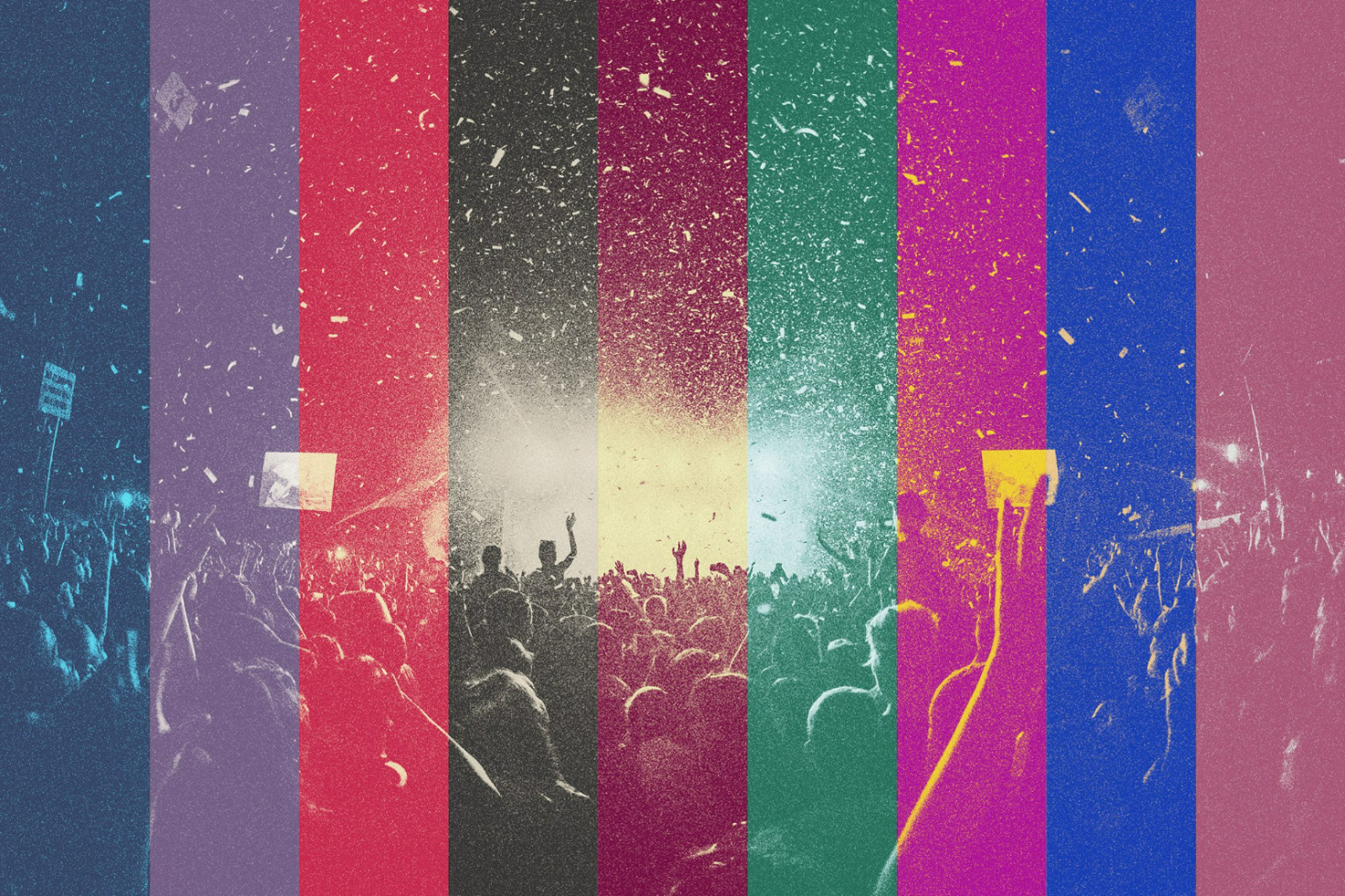 Colorful concert crowd photo with seven vertical color filter overlays. Use for design mockups, graphics, templates, creative scenes, visuals for designers.