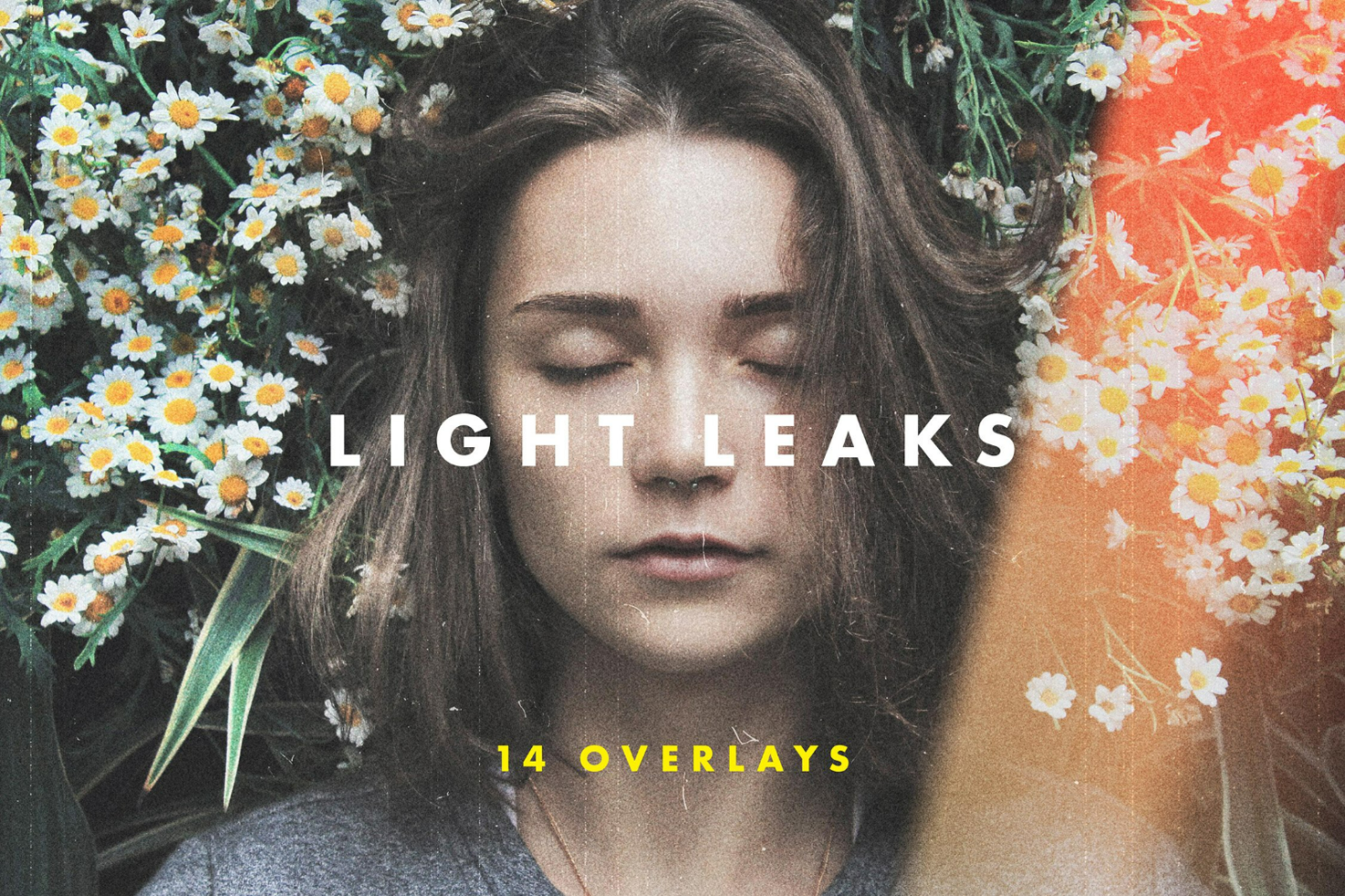 Light leaks photo overlays pack with 14 overlays featuring a woman with closed eyes surrounded by daisies. Perfect for enhancing photos, adding a vintage effect.