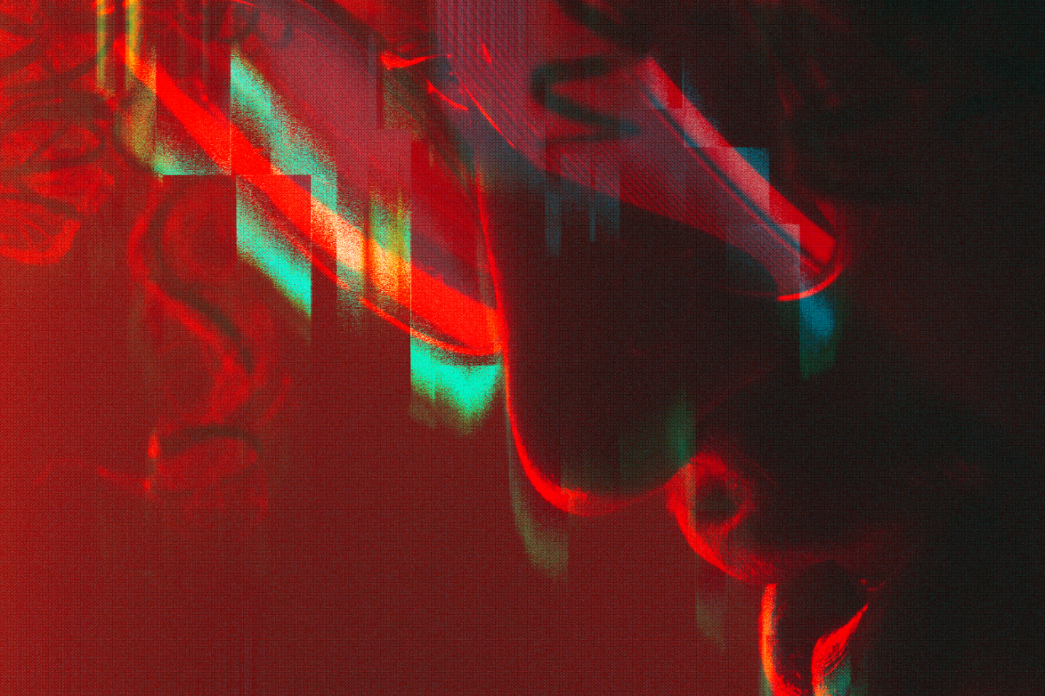 Abstract glitch art with distorted red green colors, featuring a person's profile; perfect for modern digital graphics design, templates, or creative mockups.