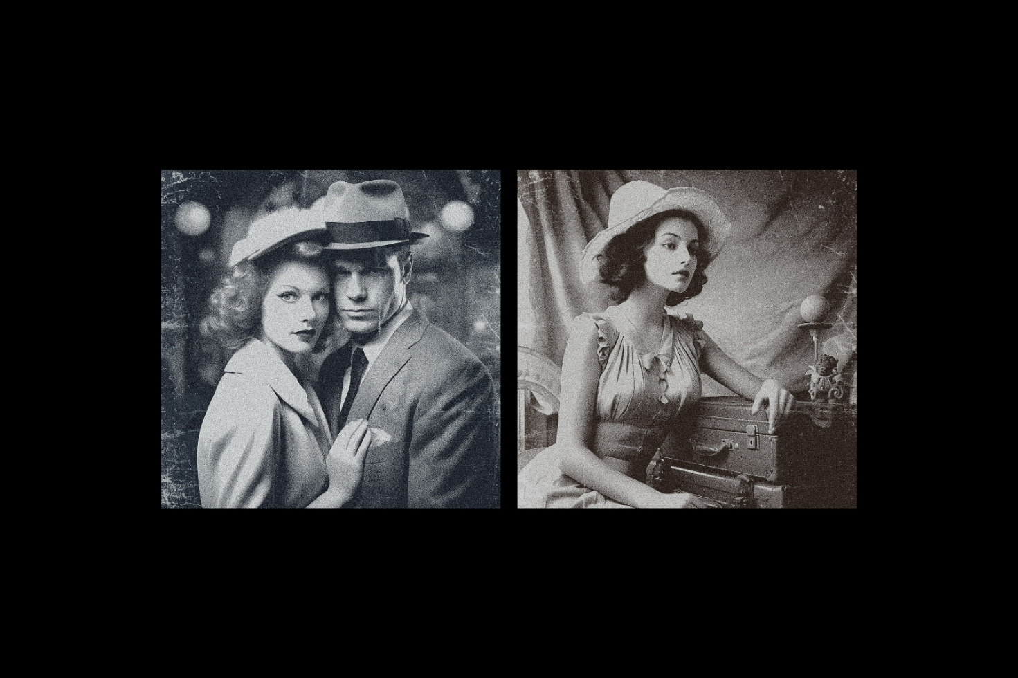 Vintage black and white photo set featuring a couple and a solo female, ideal for retro mockups, graphic design projects, and nostalgic-themed templates.