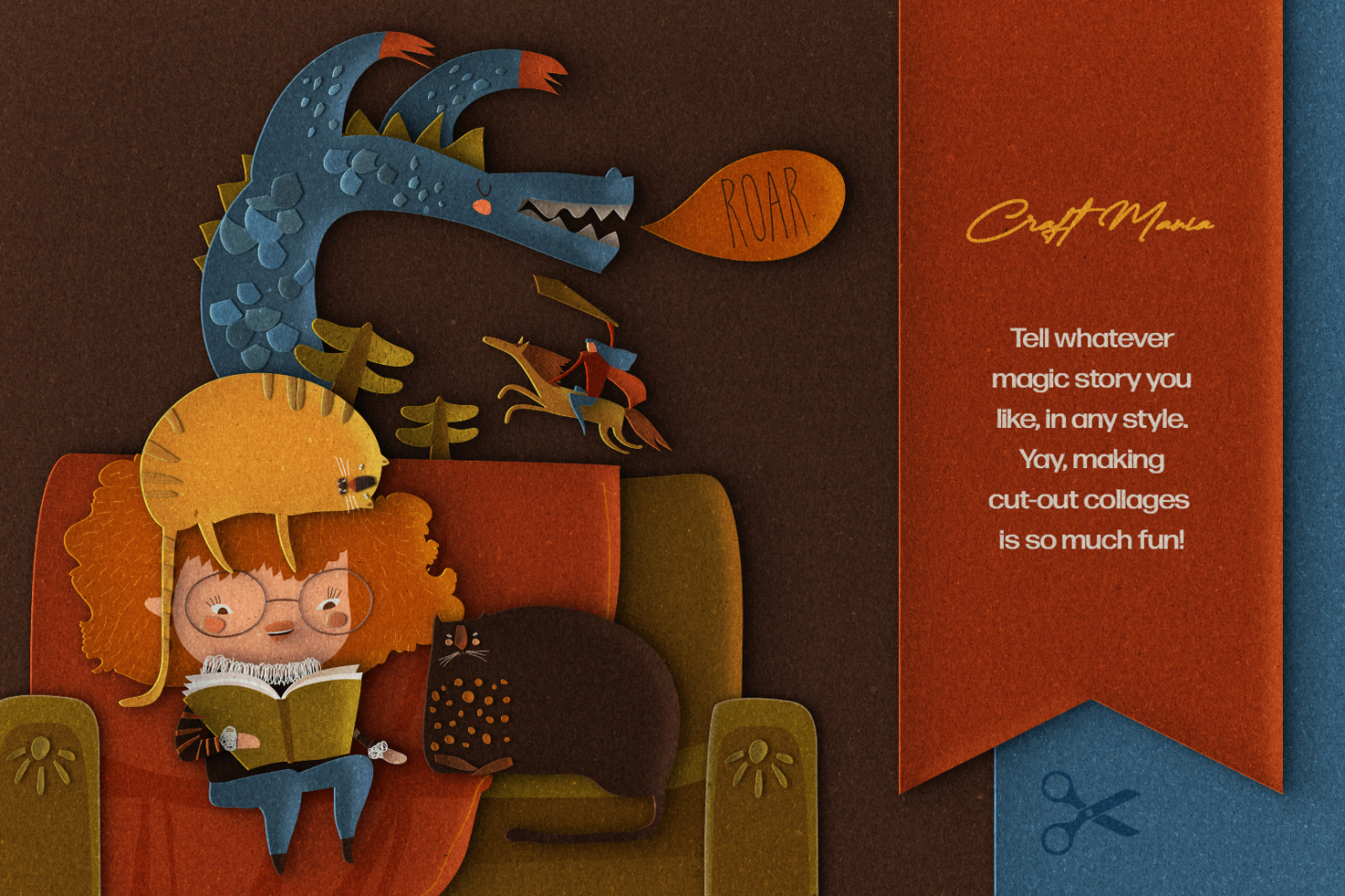 Digital collage of a child reading, surrounded by playful cut-out characters in a cozy setting. Ideal for graphics, illustration templates, and storytelling.