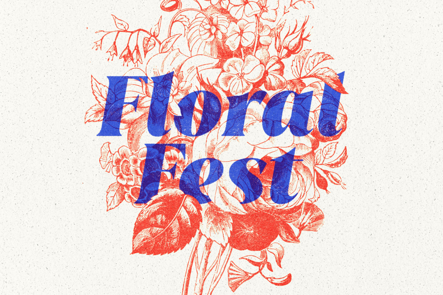 Colorful floral graphic with text Floral Fest in bold blue serif font overlays intricate red flower illustration. Ideal for design mockups, graphics, and templates.