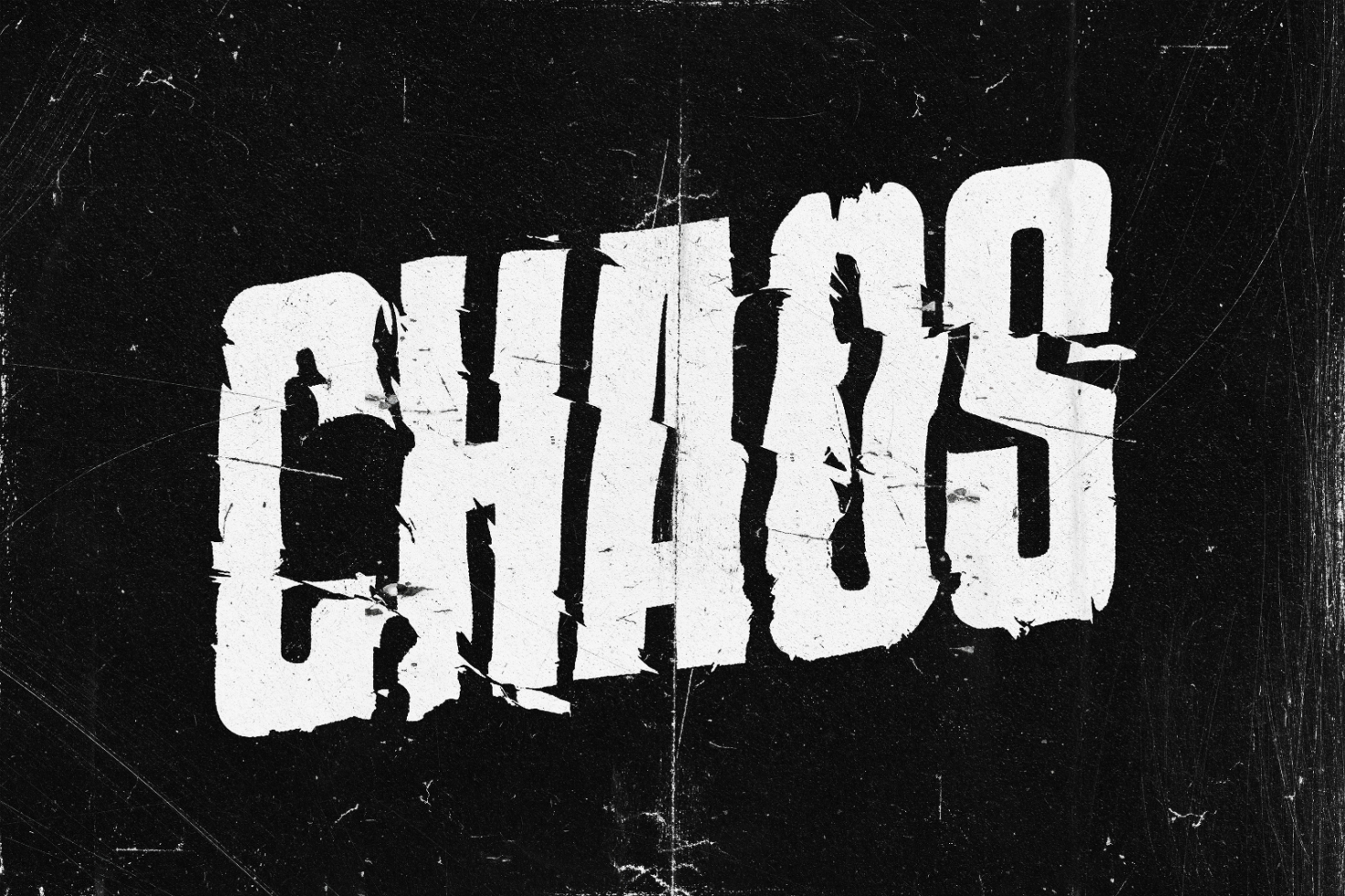 Distressed typography design featuring the word CHAOS in white on a grunge black background. Ideal for use in graphic design projects, posters, and templates.