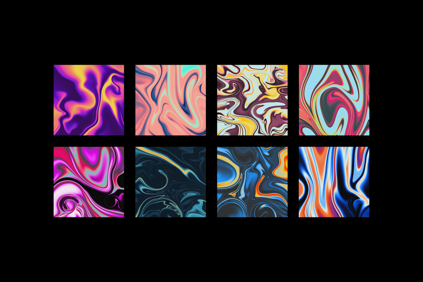 Set of 8 abstract fluid backgrounds in vibrant colors. Ideal for graphic design, branding, digital art. High-resolution texture templates for designers.