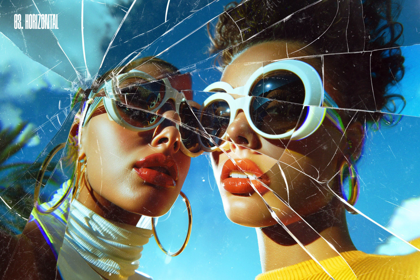 Portrait of two women with large sunglasses and cracked glass effect ideal for creating unique graphic design mockups, templates, and fashion industry visuals.