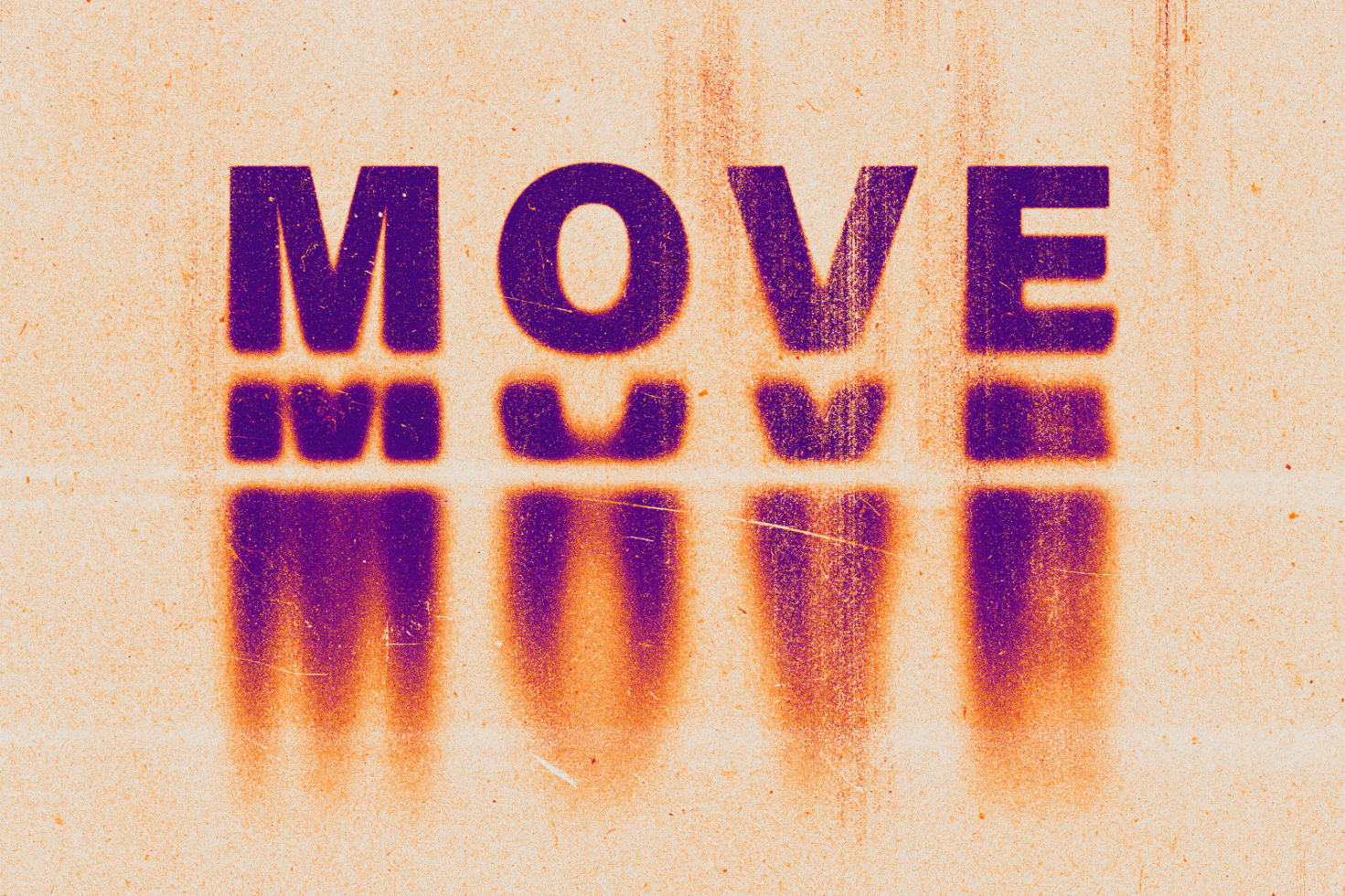 Stencil font with the word MOVE in bold purple text casting a blurry shadow on a textured beige background ideal for graphic design mockups and templates