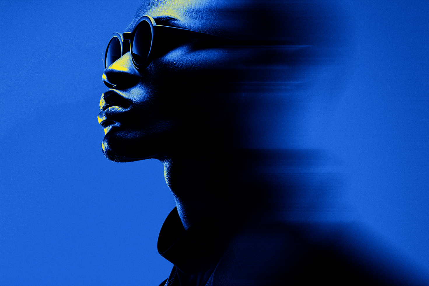 Stylized digital artwork of a person in sunglasses with a blue color scheme. Perfect for graphic design, mockups, or as a background template.