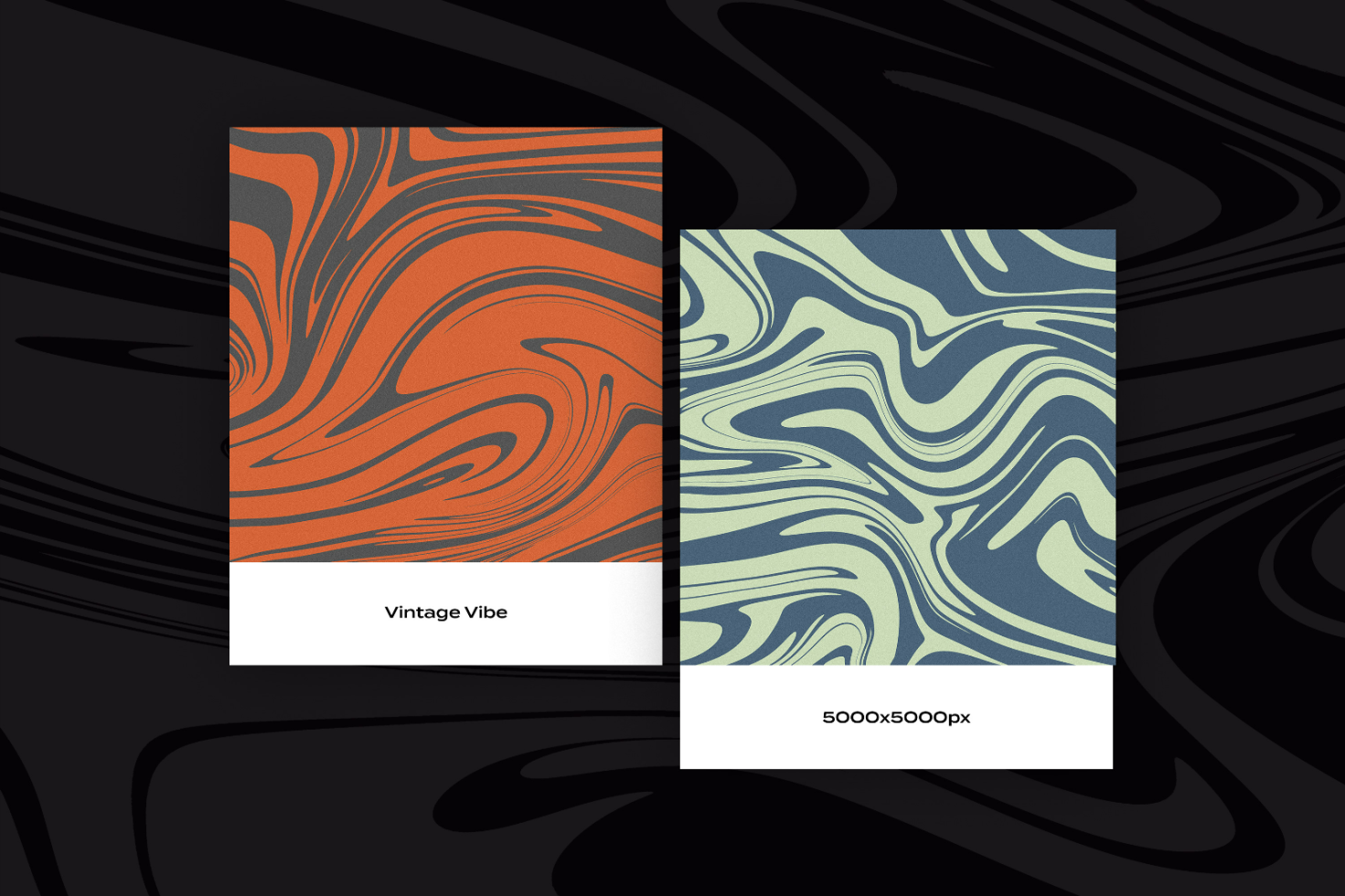 Swirled abstract backgrounds in orange-black and blue-white, perfect for graphic design, vintage aesthetics, and high-resolution templates.