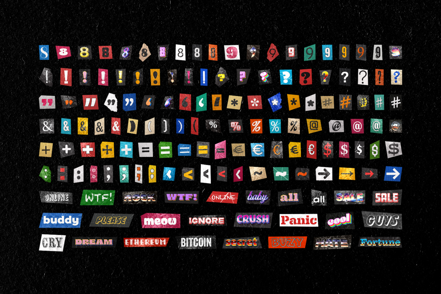 Collage of colorful letters numbers punctuation symbols cut from magazines. Suitable for digital asset designers needing unique graphic elements for projects.