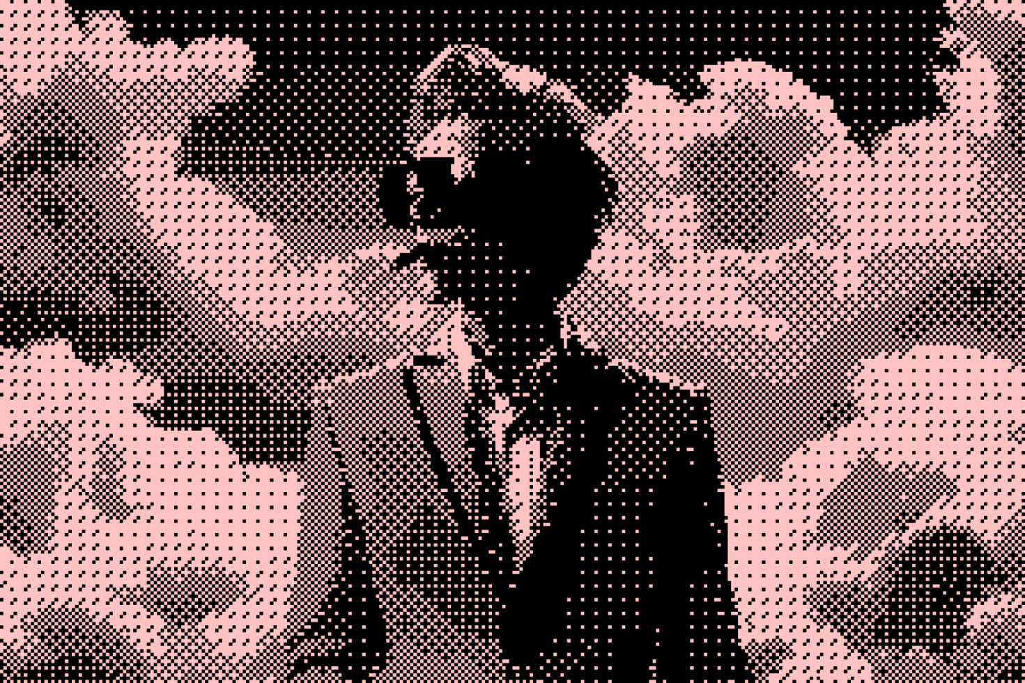 Halftone graphic showing a stylish person in a suit with sunglasses against a cloudy background. Perfect for graphics, mockups or templates in digital design.