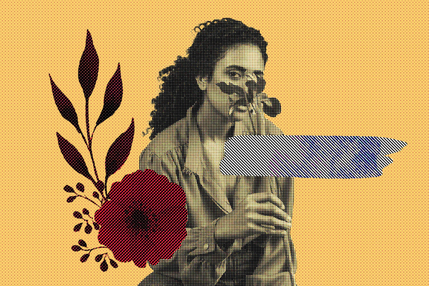 Halftone illustration of woman with flowers and leaves, blank speech bubble area. Suitable for digital asset marketplace. Keywords: Graphics, Templates, Art.