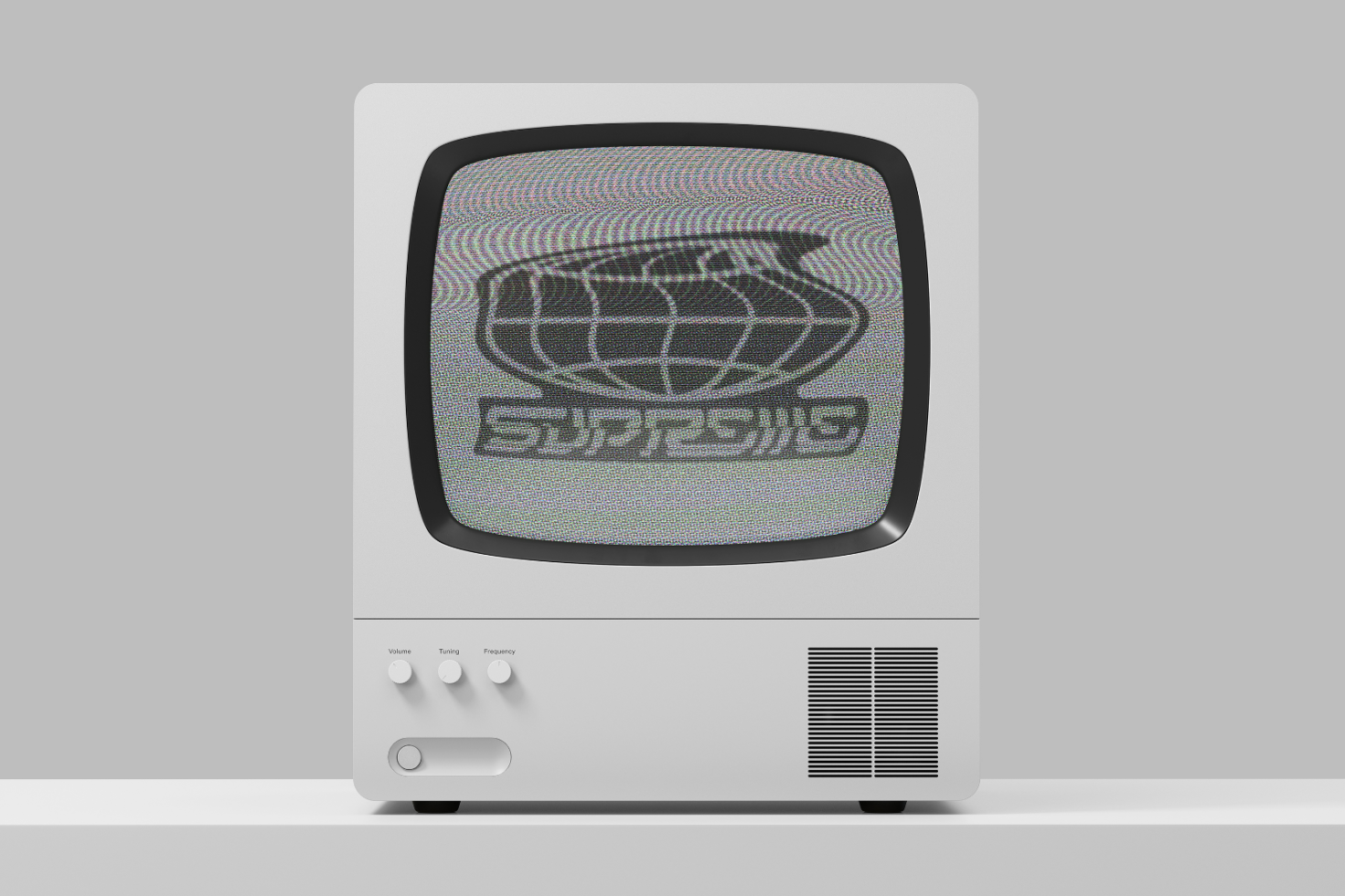 Vintage TV Mockup showcasing glitch effect with a futuristic logo on screen, ideal for designers looking to add retro and techy aesthetics to their graphics projects.